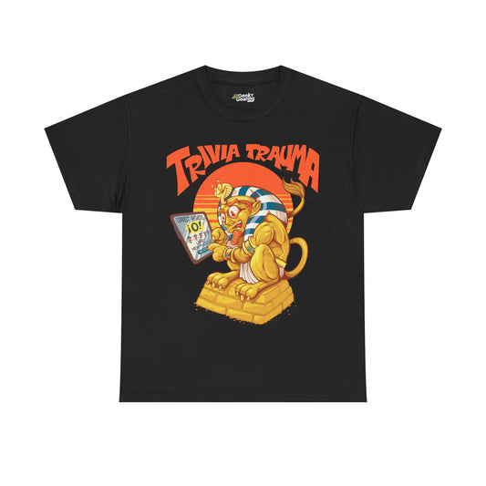 Black t-shirt with a graphic design of a sphinx and 'Trivia Trauma' text on a white background