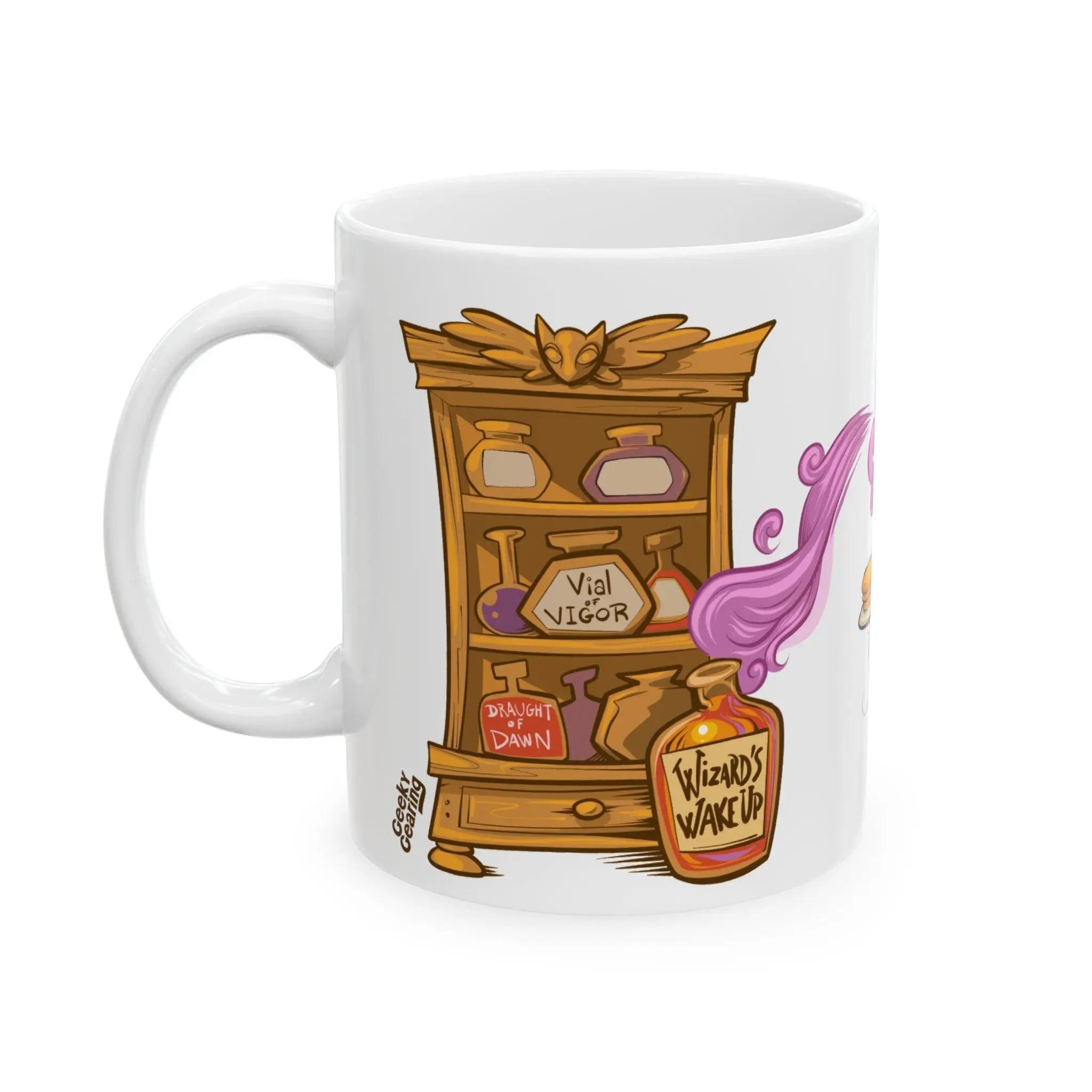 Side view of a ceramic mug featuring a fantasy-themed design. Displays a wooden potion cabinet stocked with magical brews like 