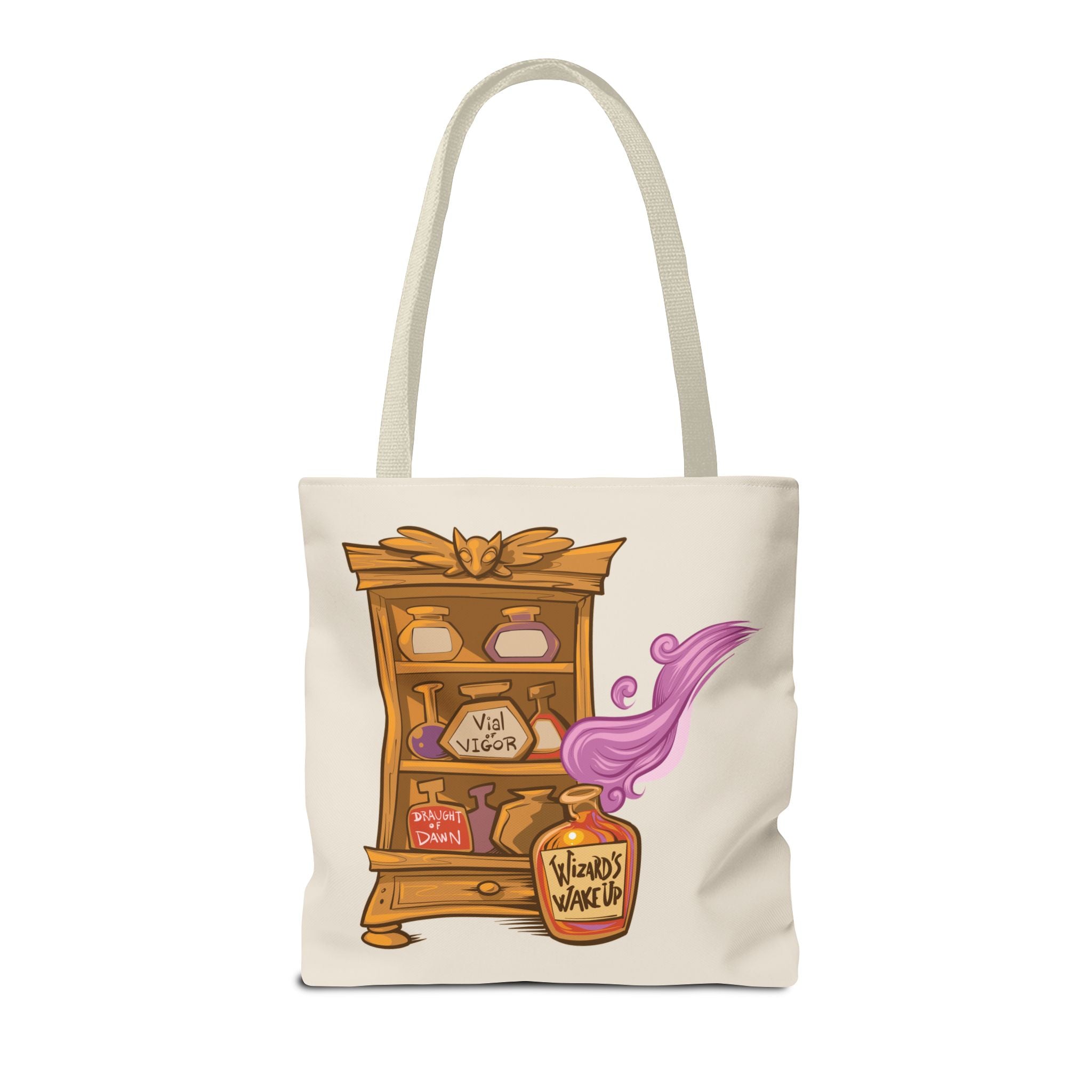 Tote bag with a design of a bookshelf, bottles, and a purple object on a white background