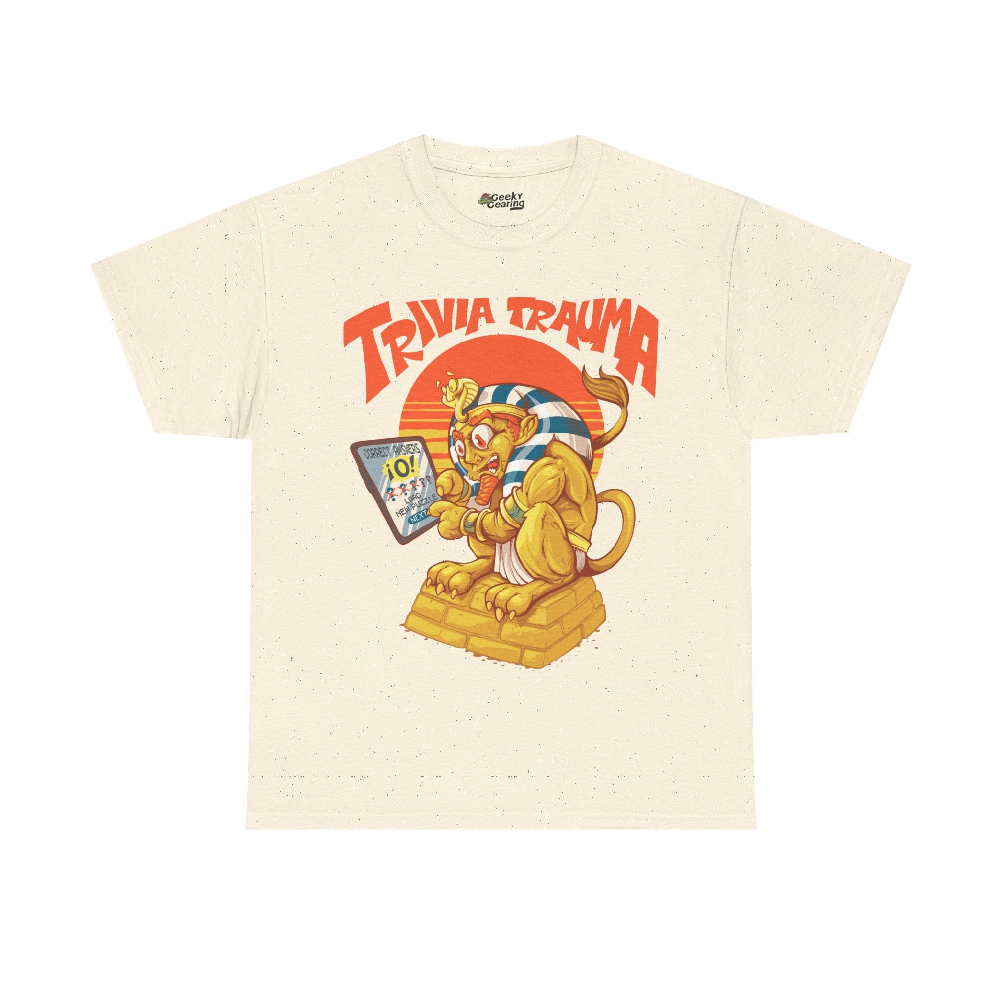 Light beige t-shirt with a cartoon sphinx holding a tablet and 'Trivia Trauma' text on a white background