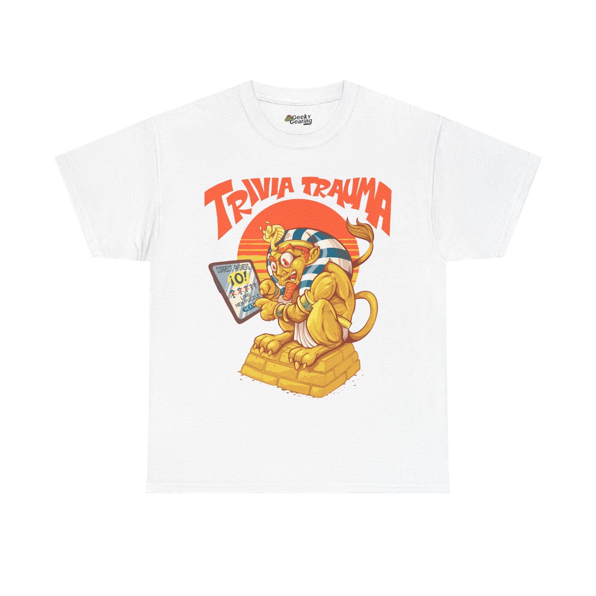 White t-shirt with a cartoon sphinx holding a tablet and 'Trivia Trauma' text on a white background
