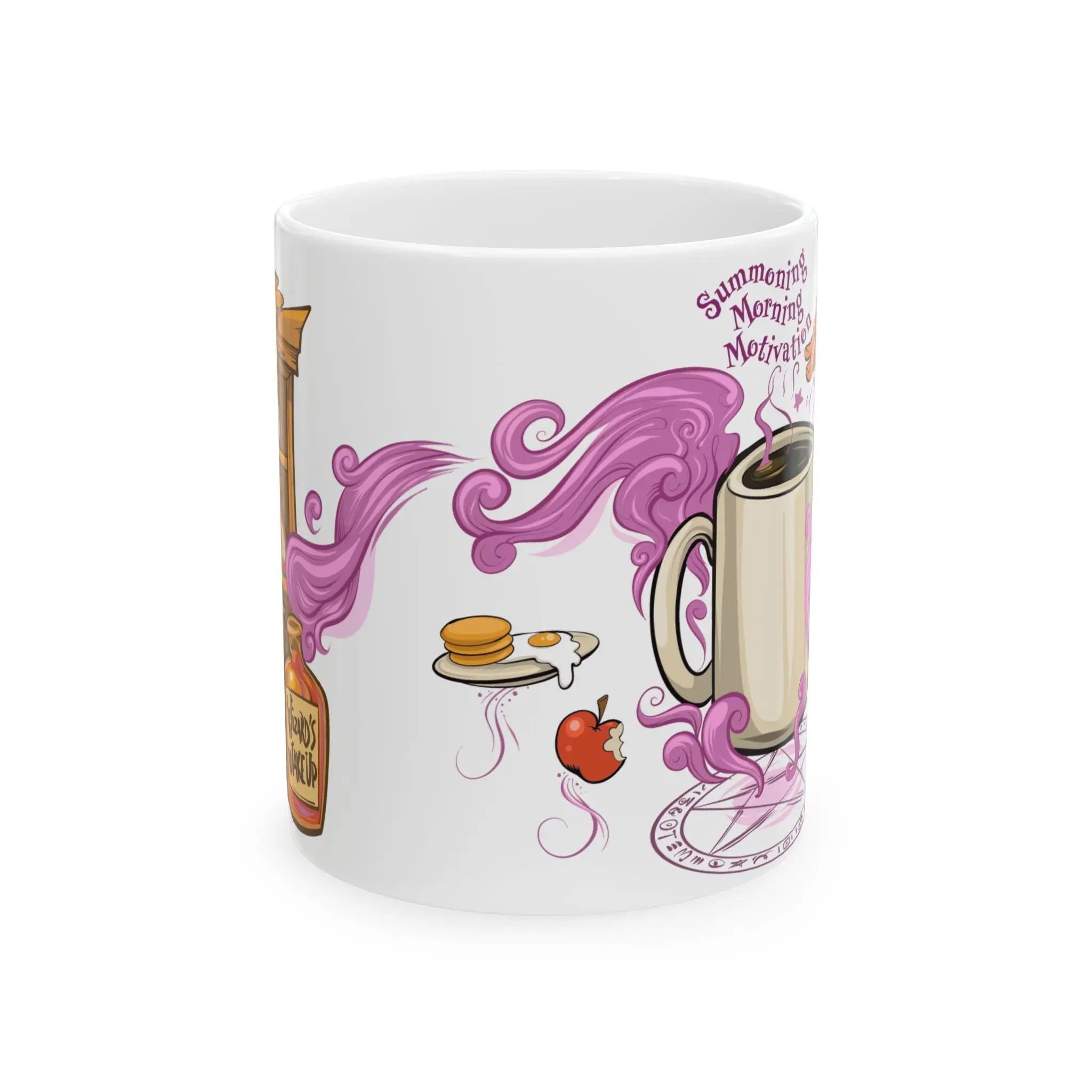 Front view of a ceramic mug featuring the “Summoning Morning Motivation” design. A magical coffee summoning ritual sends pink steam swirling from a cup, carrying breakfast items like pancakes, eggs, and an apple. Fantasy-themed artwork with a summoning circle, perfect for fans of funny warlock mugs and geeky coffee rituals.