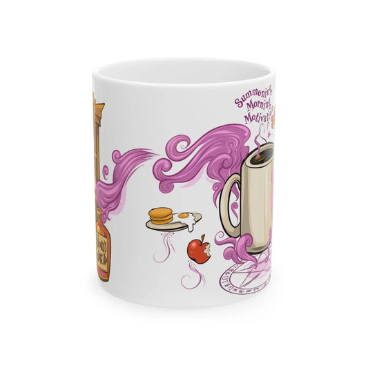 Front view of a ceramic mug featuring the “Summoning Morning Motivation” design. A magical coffee summoning ritual sends pink steam swirling from a cup, carrying breakfast items like pancakes, eggs, and an apple. Fantasy-themed artwork with a summoning circle, perfect for fans of funny warlock mugs and geeky coffee rituals.