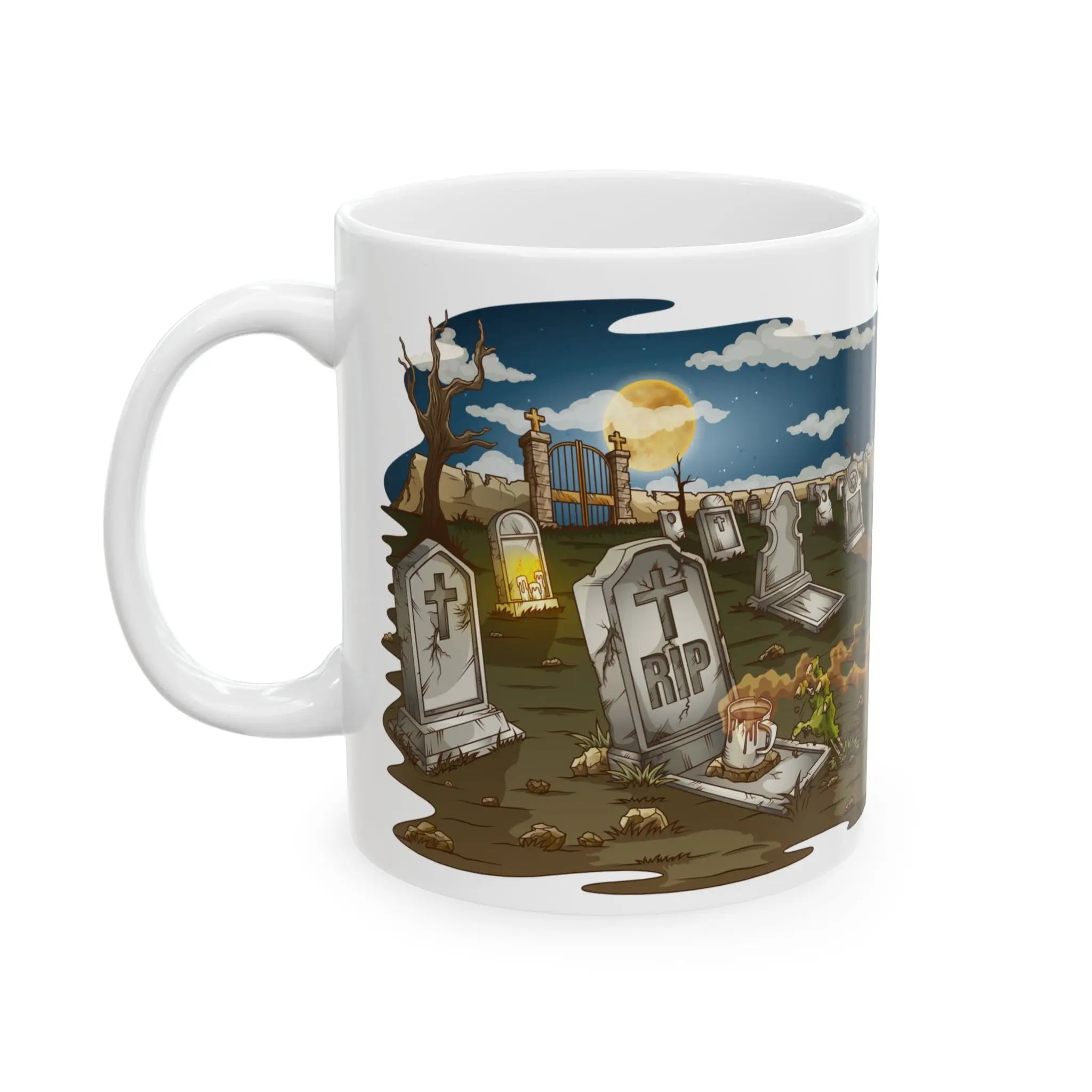 Mug with a graveyard design featuring gravestones and a moonlit sky.