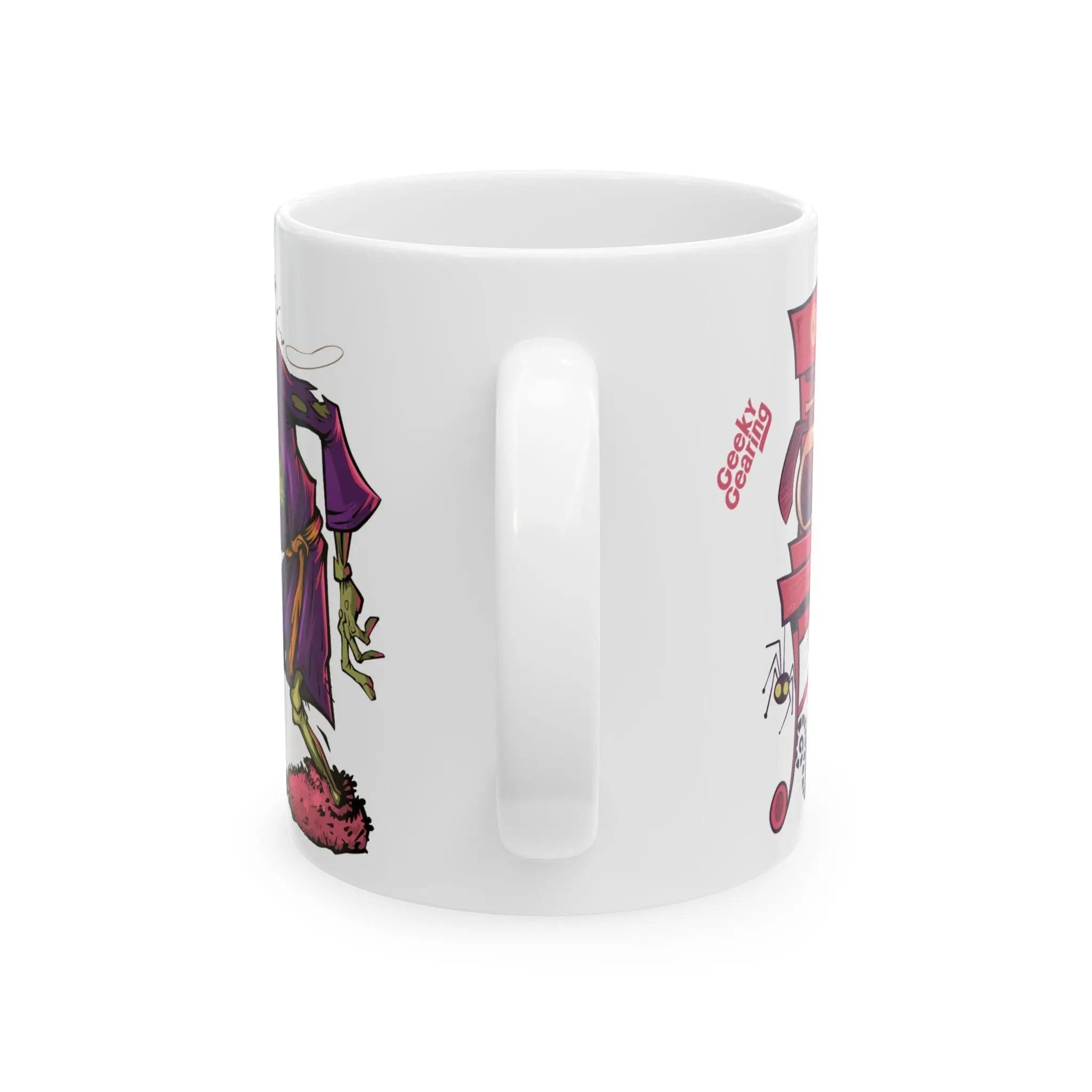White mug with colorful graphics on a white background