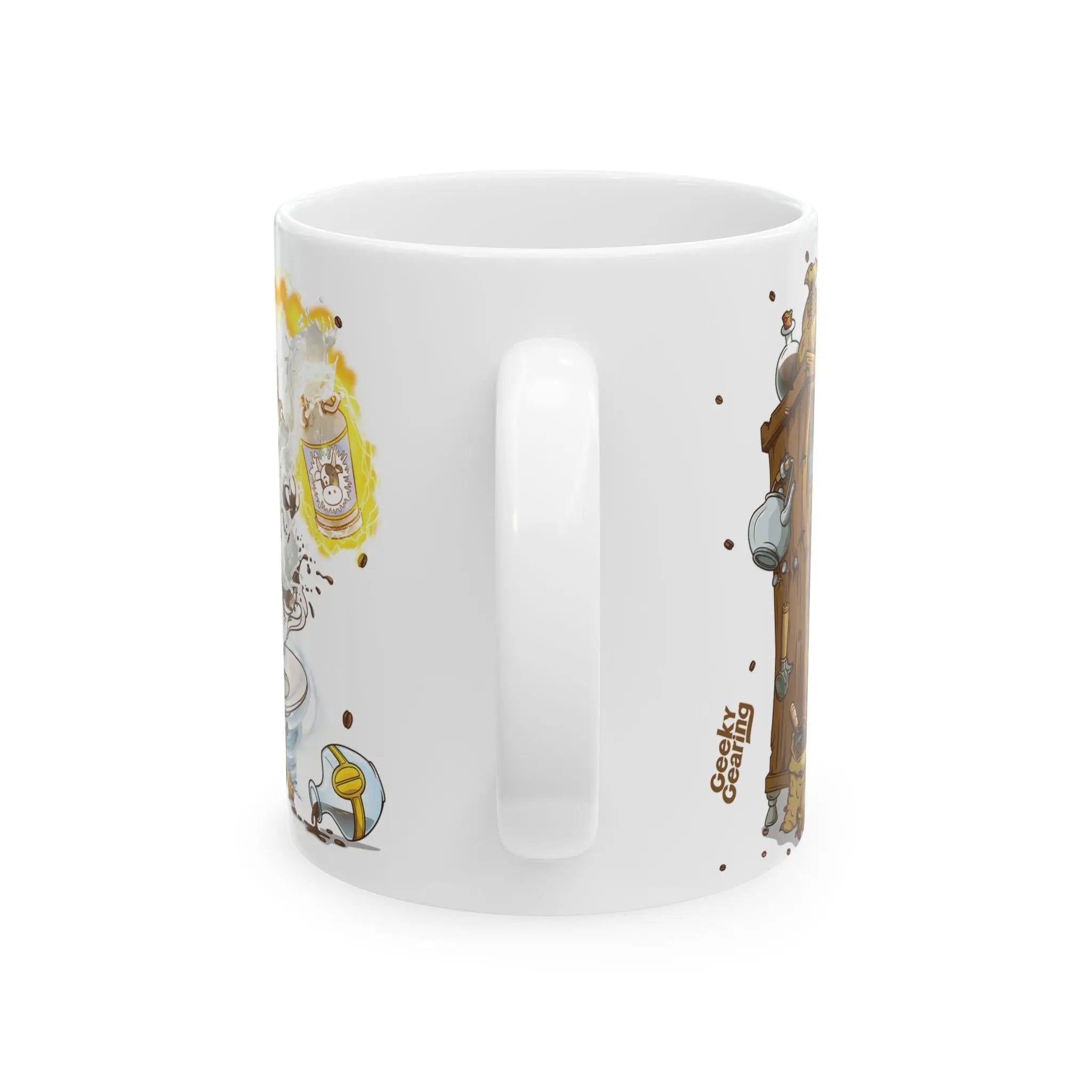 Back view of an 11 oz white ceramic fantasy coffee cup (handle centered) showcasing part of the complementary potion cabinet scene from the “Caffeine Is My Mana” design. A rustic wooden shelf brims with labeled vials, metal coffee grinder, burlap sacks of beans and scattered grounds. Ideal as a wizard mug, fantasy coffee cup, DnD gift, gamer gift, or caffeine-inspired present