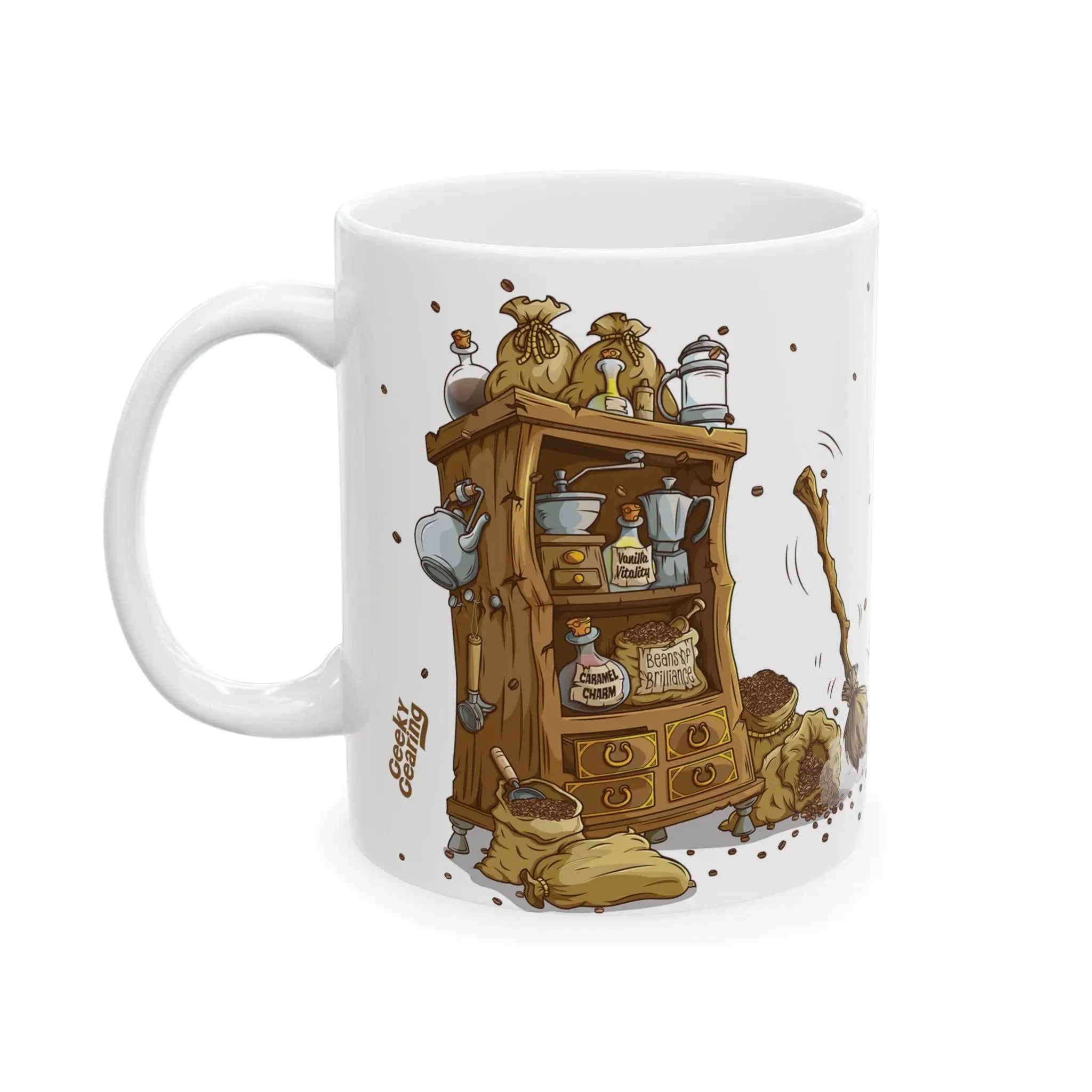 Eleven-ounce white ceramic fantasy coffee mug shown at a side‑angle, featuring a rustic wooden alchemy shelf brimming with coffee-themed potions and supplies—jars labeled “Vanilla Vitality,” “Caramel Charm,” and “Beans of Brilliance,” plus a moka pot, kettle, spoons, and spilled grounds at its feet, all amid drifting coffee beans and a discreet GeekyGearing logo. A perfect fantasy coffee cup, wizard mug, DnD gift, or gamer gift.