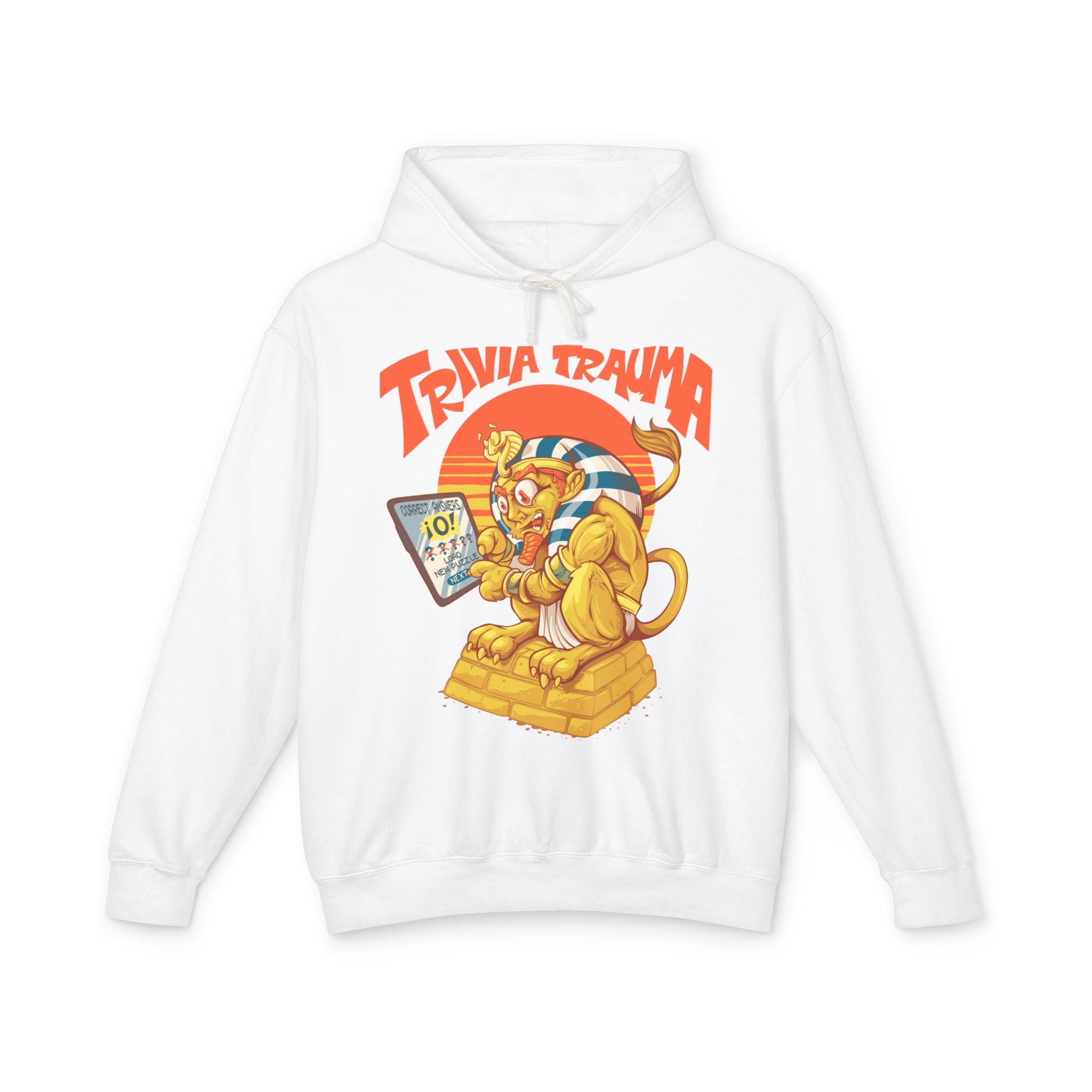 White hoodie with 'Trivia Trauma' graphic design on a white background