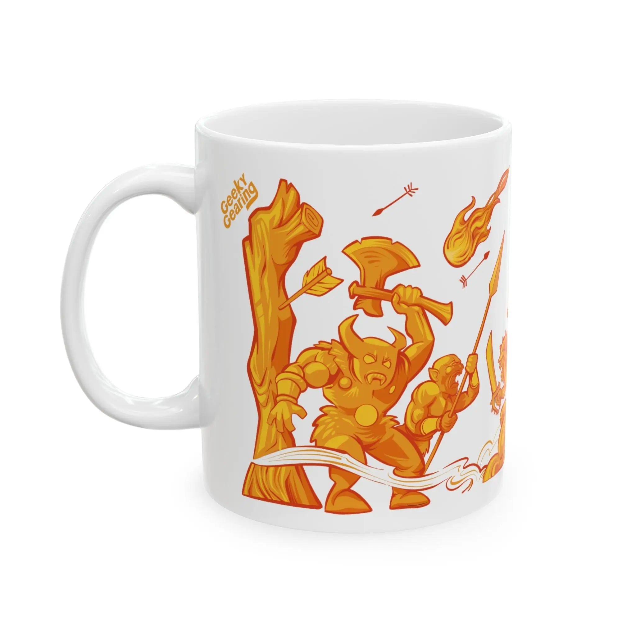 Side view of a fantasy coffee mug showing a battle scene with cartoon style warriors charging through flames and arrows. Rendered in bold orange tones, this ceramic mug adds an epic touch to any caffeine ritual—ideal for RPG fans, gamers, and lovers of fantasy-themed drinkware.