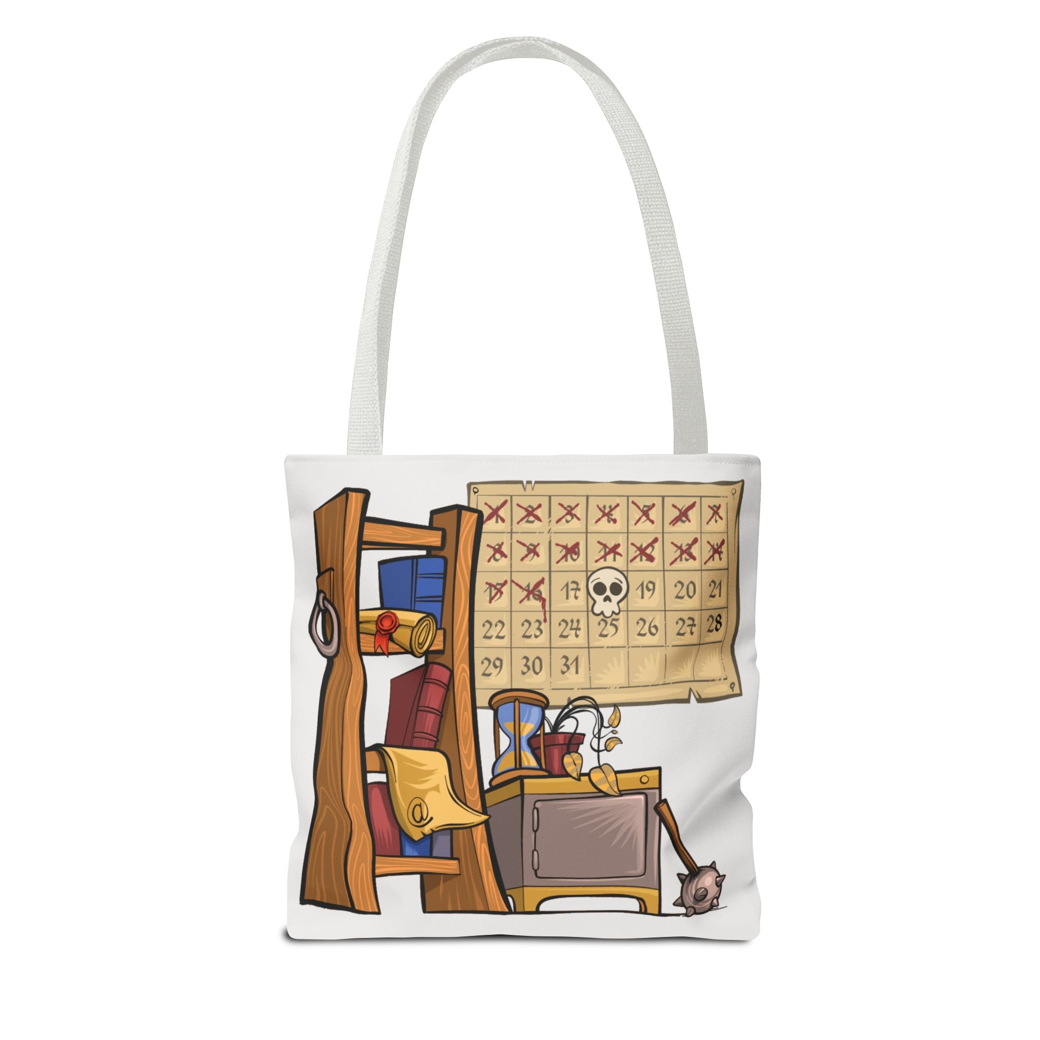 Tote bag with a cartoon design of a room with a calendar, books, and a cat.