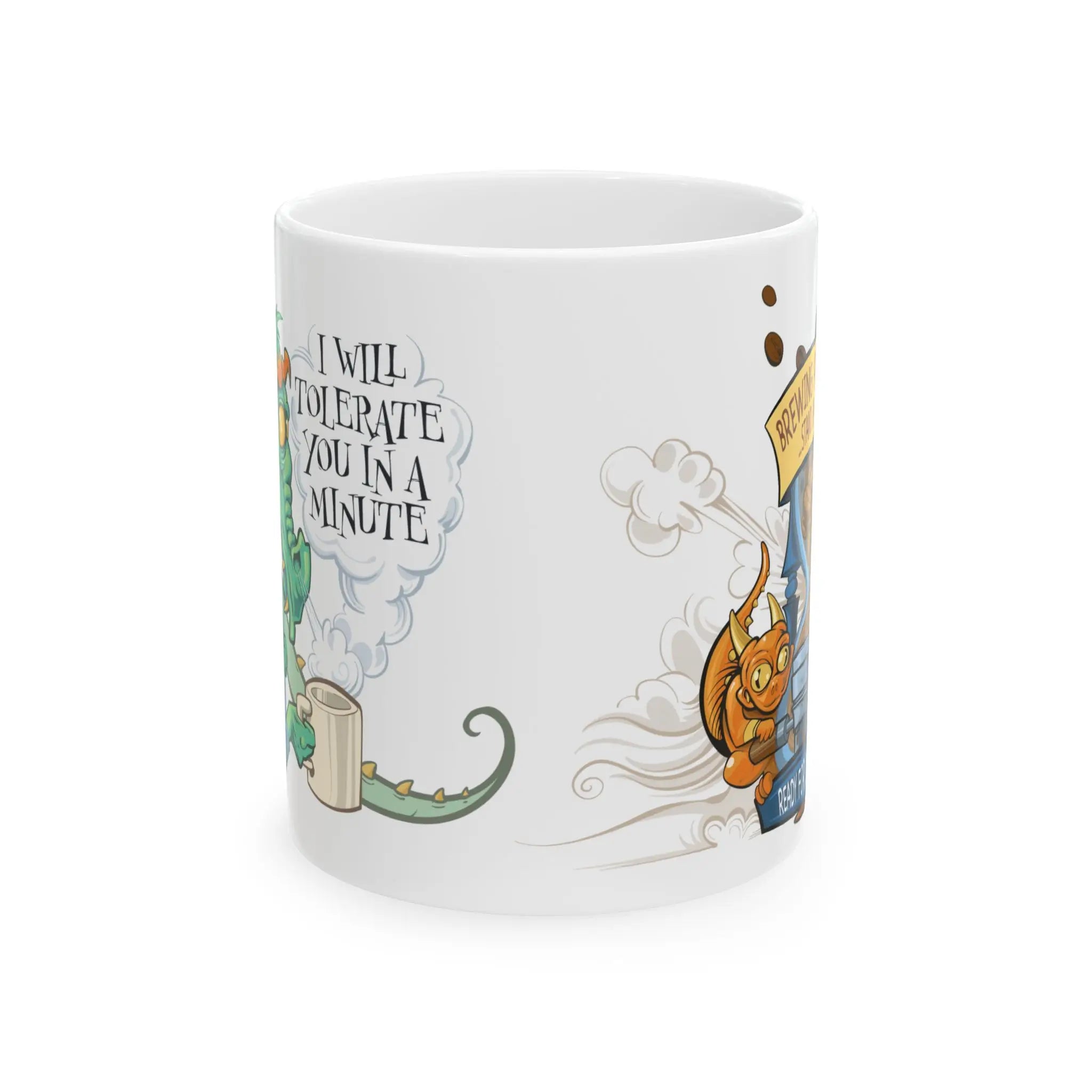 White mug with cartoon designs and text on a white background