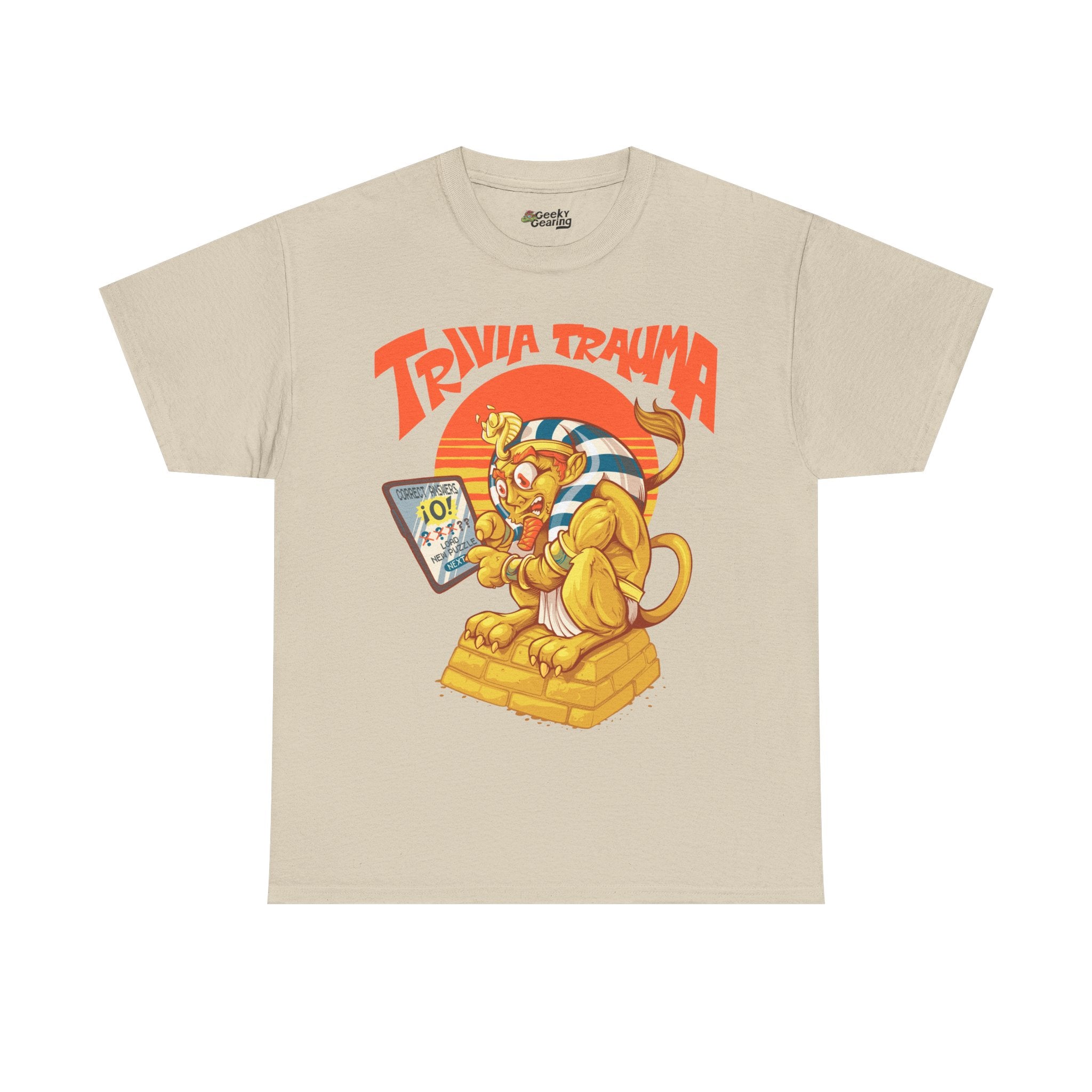 Beige t-shirt with 'Trivia Trauma' graphic design featuring a sphinx and tablet on a white background