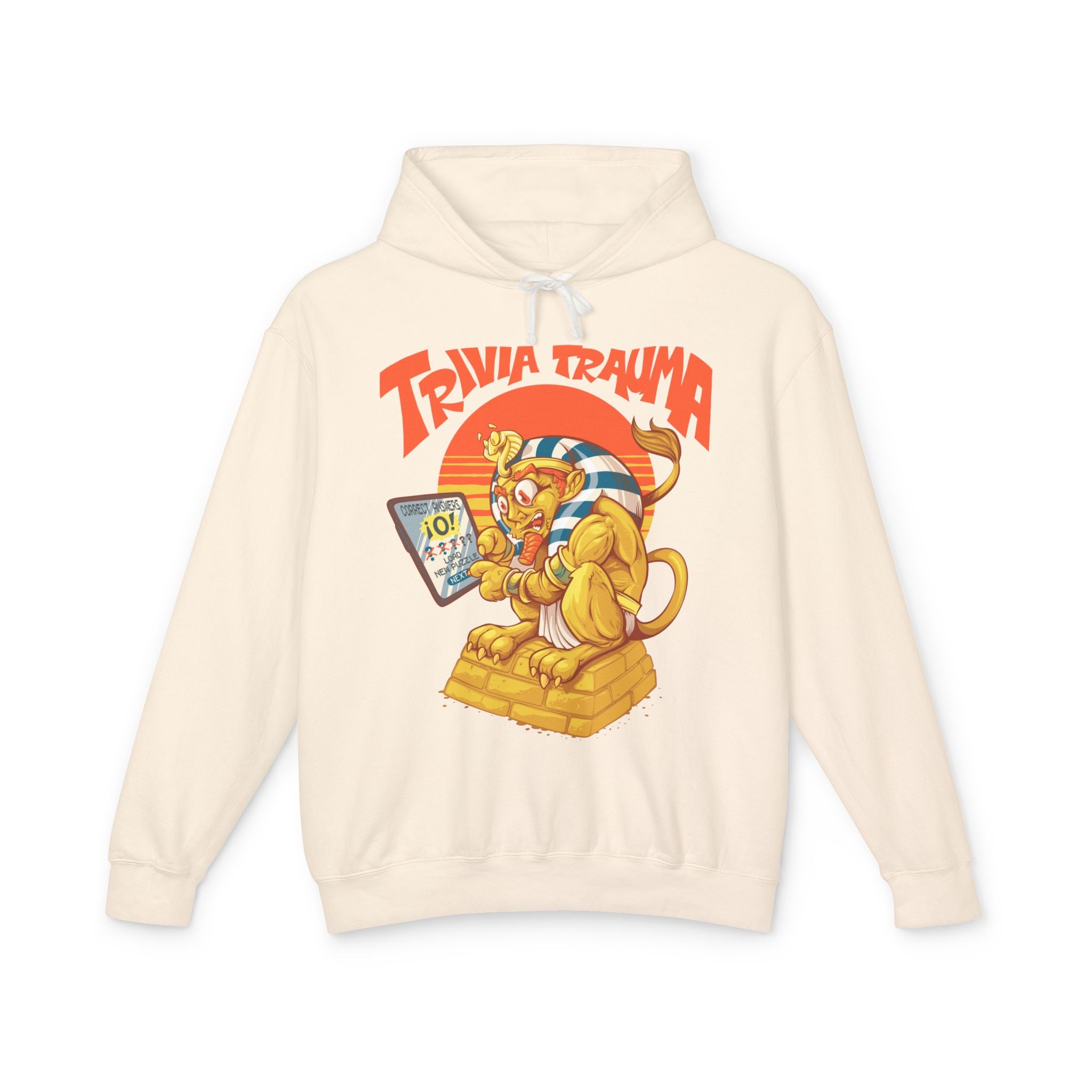 Beige hoodie with 'Trivia Trauma' graphic design on a white background