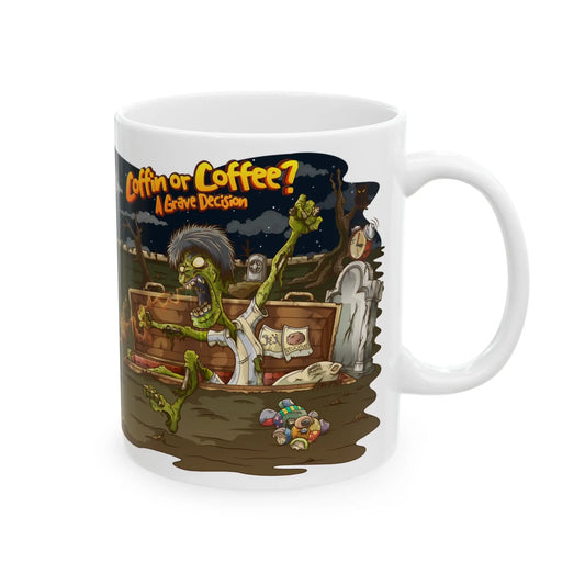 Mug with Halloween-themed design featuring a zombie and text 'Coffin or Coffee? A Grave Decision' on a white background.