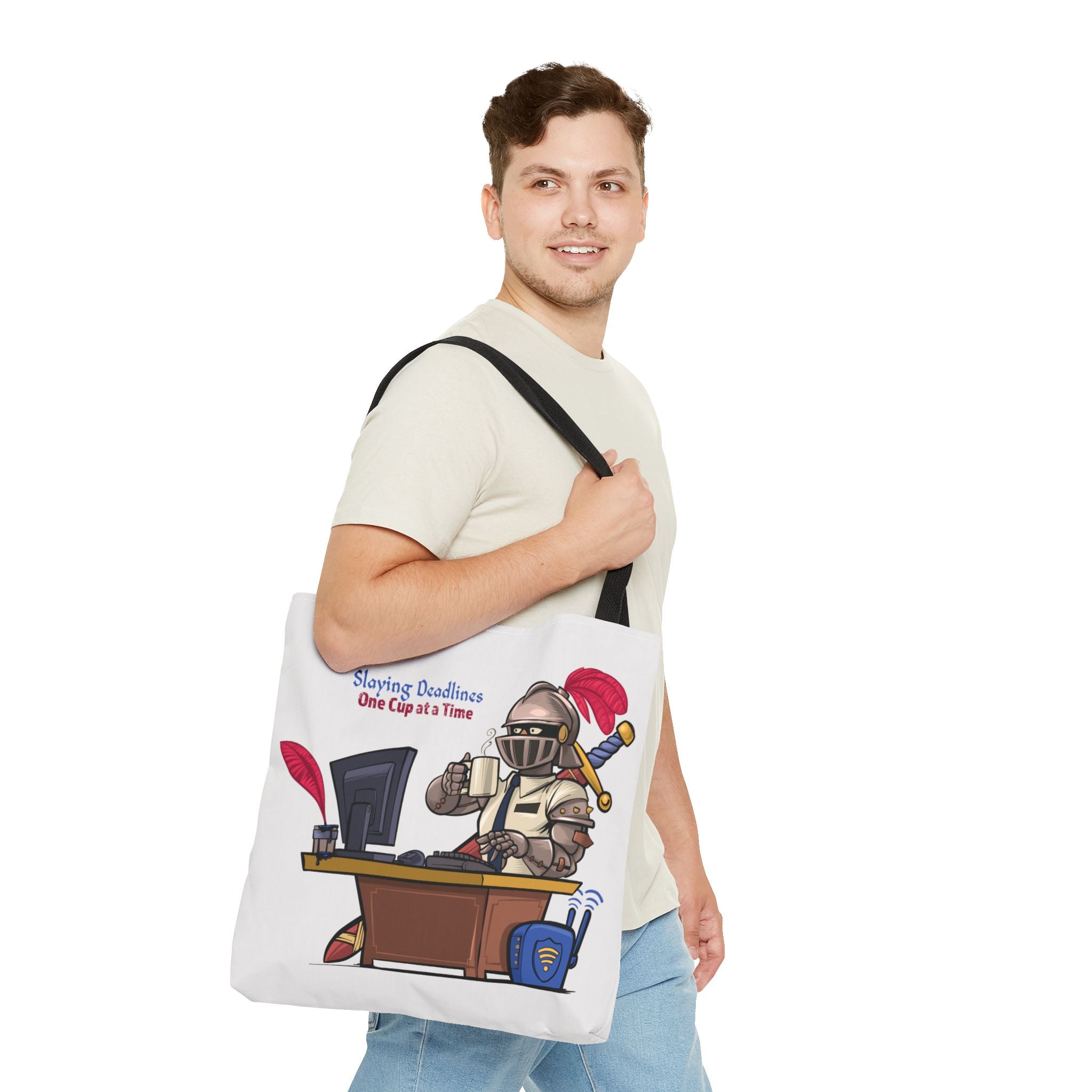 Man holding a tote bag with a humorous design on a white background