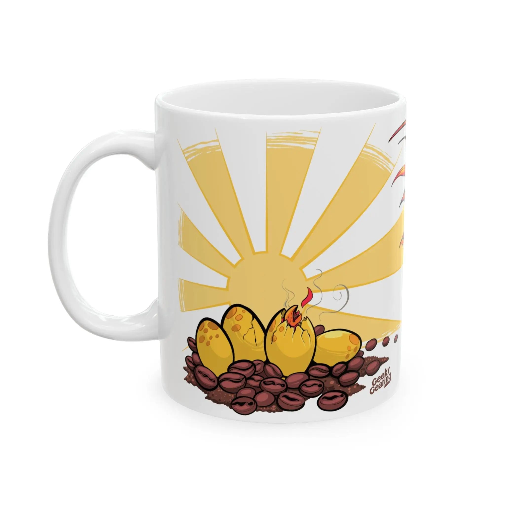 Reverse side of the Phoenix Fuel mug showing a cute cartoon phoenix chick hatching from a golden egg, nestled in coffee beans beneath a bright sunrise. Playful, whimsical design symbolizing fresh starts and the magical energy of your morning brew.