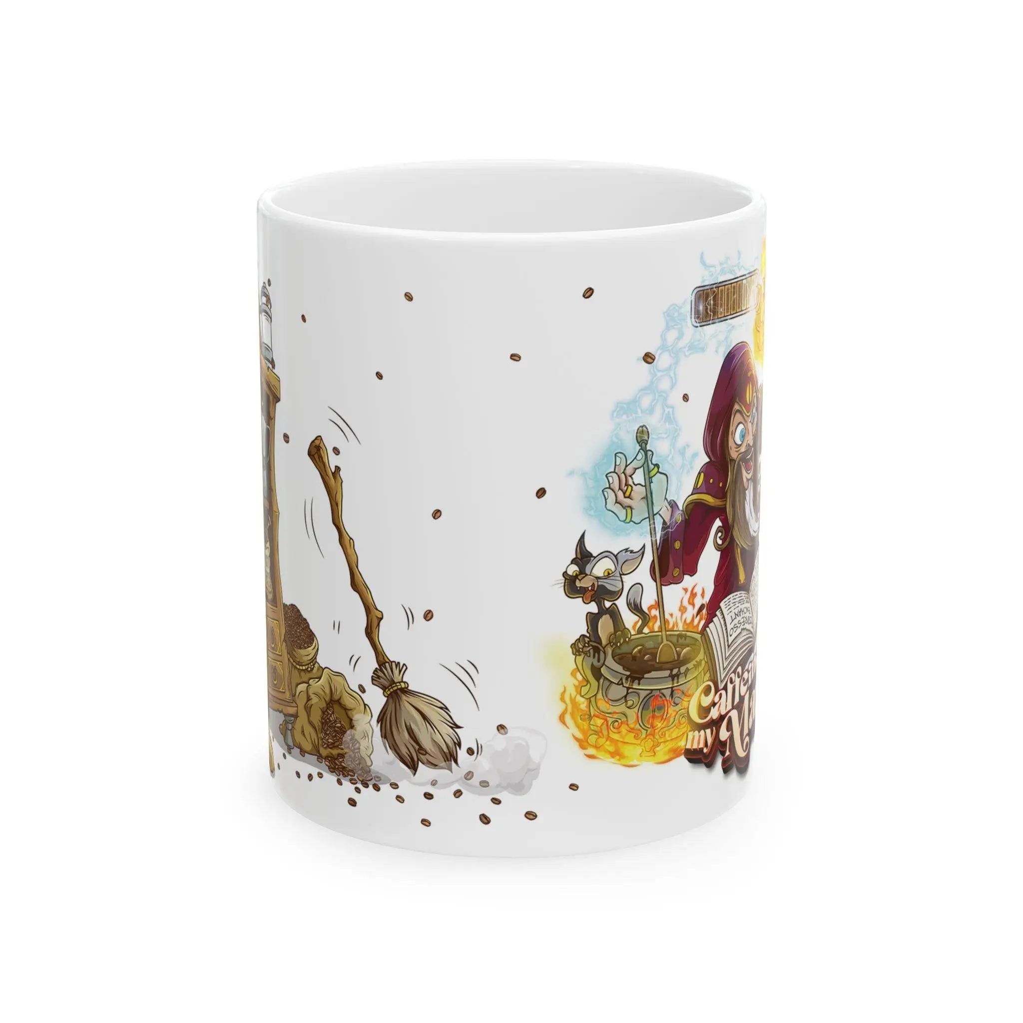 Eleven-ounce white ceramic fantasy mug shown at a centered front angle, bridging the two halves of the “Caffeine Is My Mana” design. In the middle, a magical broom sweeps up spilled coffee grounds and a flurry of floating beans, connecting the rustic alchemy shelf on the left with the spellcasting wizard scene on the right. Ideal as a wizard mug, fantasy coffee cup, DnD gift, or gamer gift.