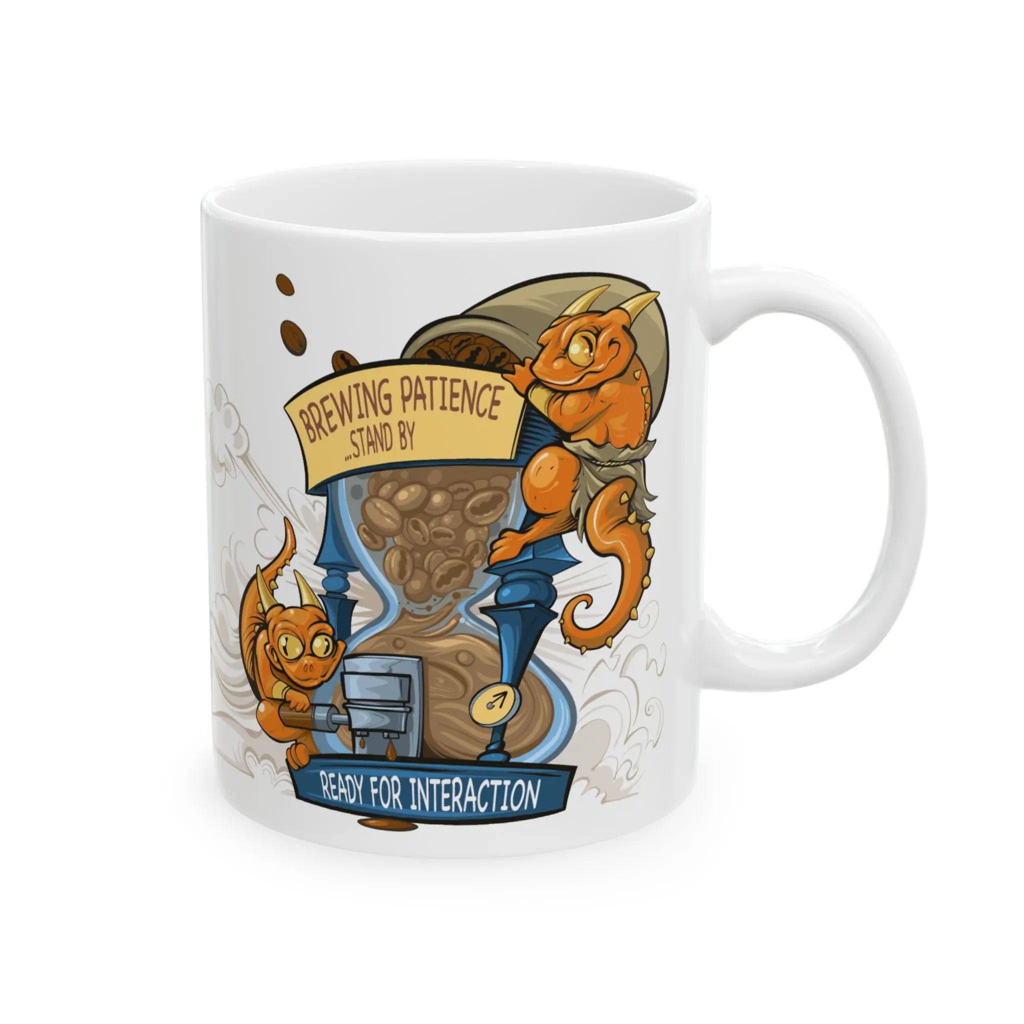 White mug with cartoon character and brewing-themed design on a white background