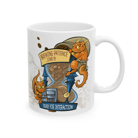 White mug with cartoon character and brewing-themed design on a white background