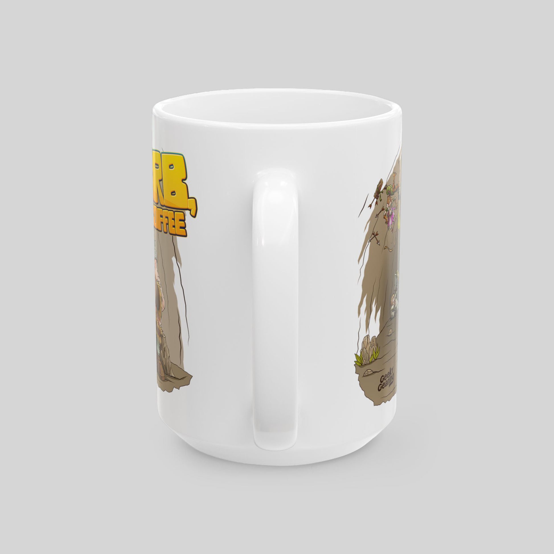 White mug with cartoon character and text on a gray background