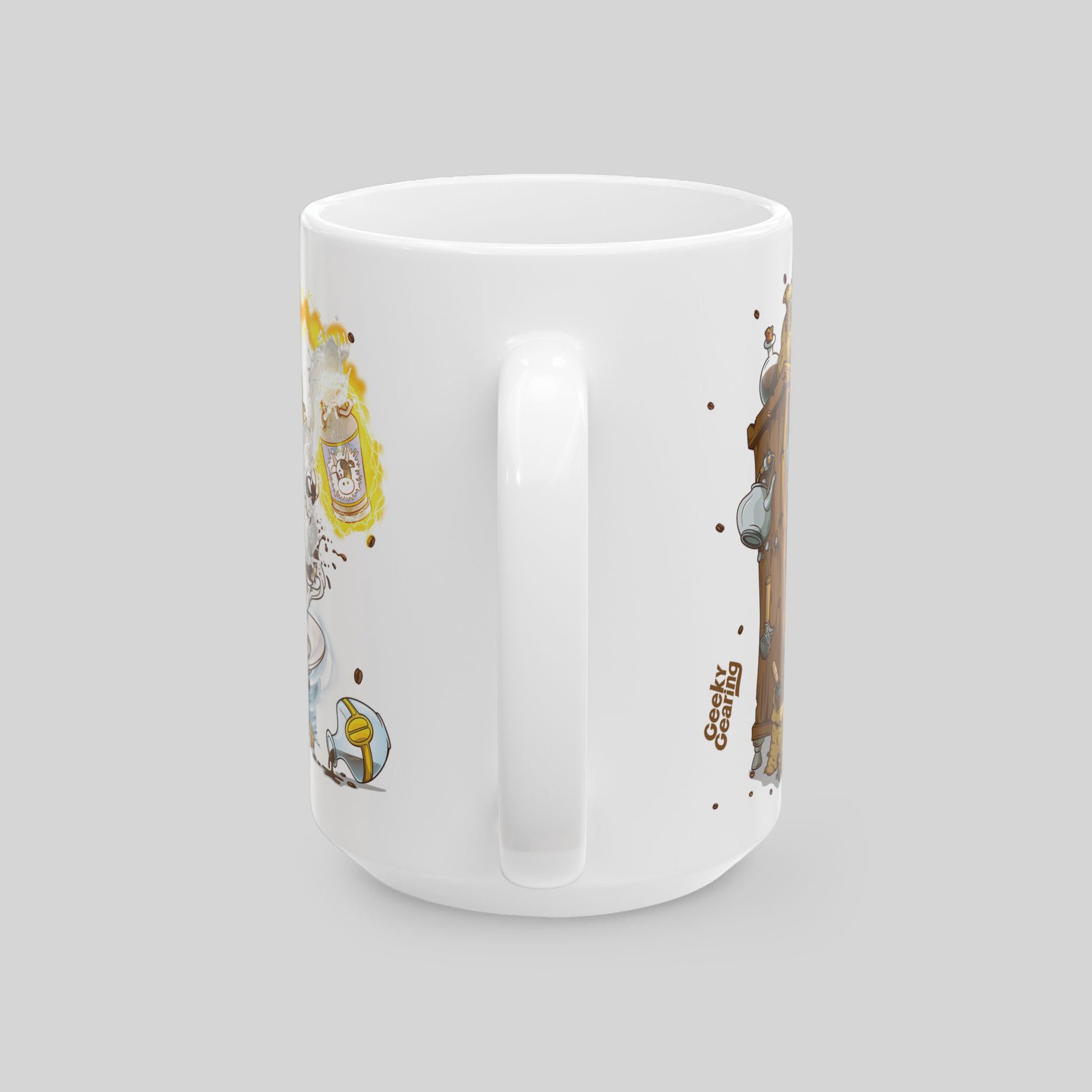 White mug with cartoon character design on a gray background