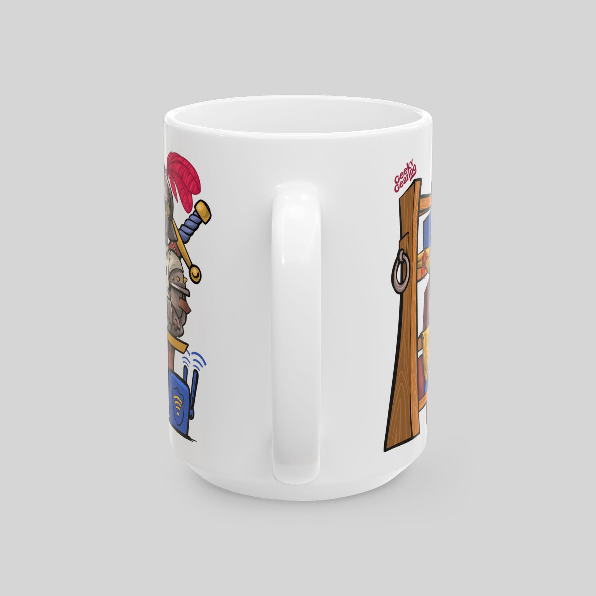 White mug with cartoon illustrations on a gray background