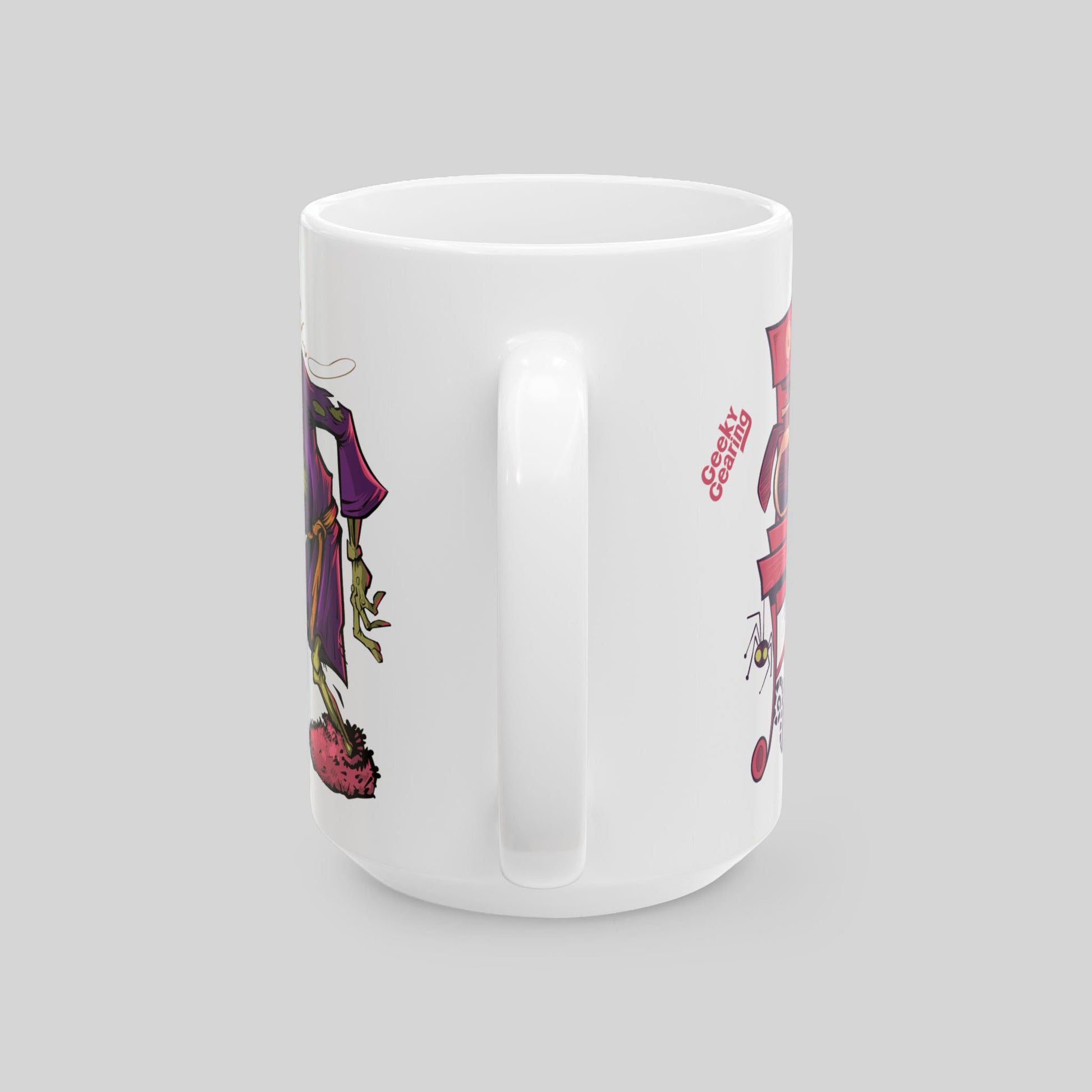 White mug with colorful character design on a gray background