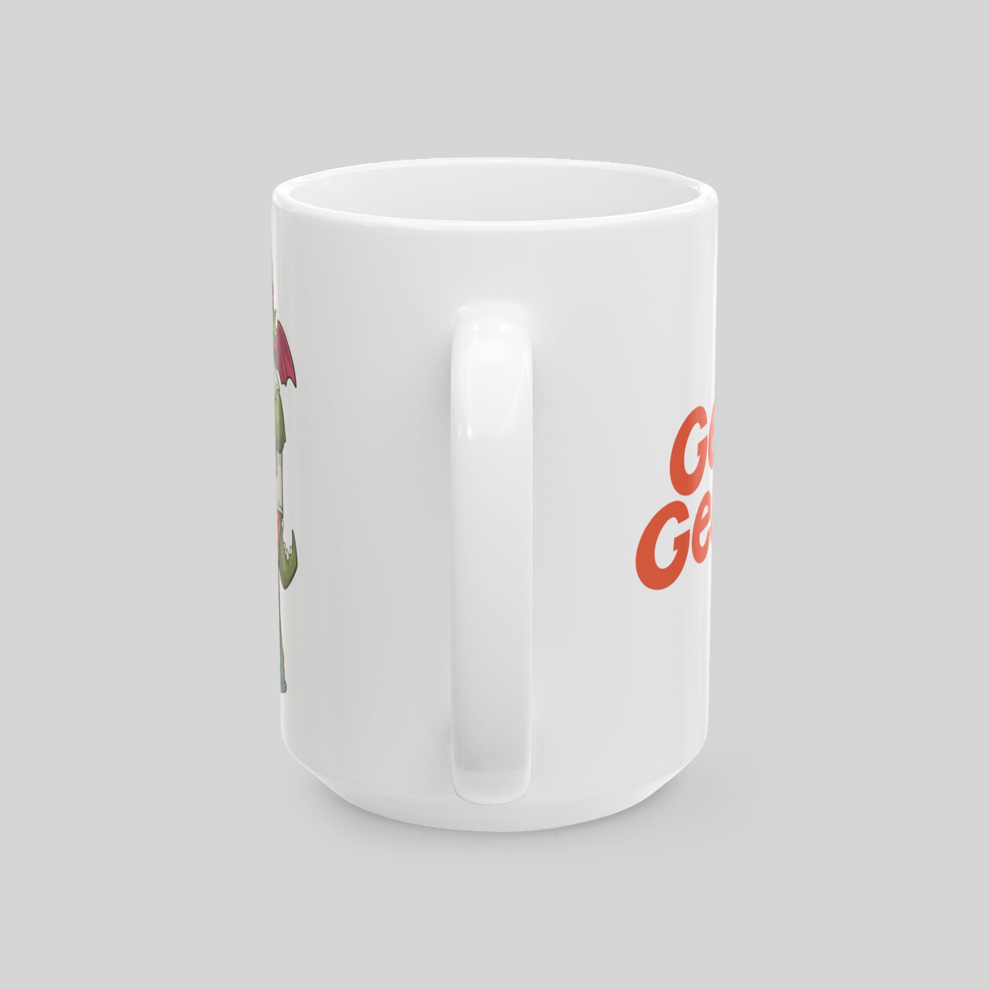 White mug with a colorful design on a gray background