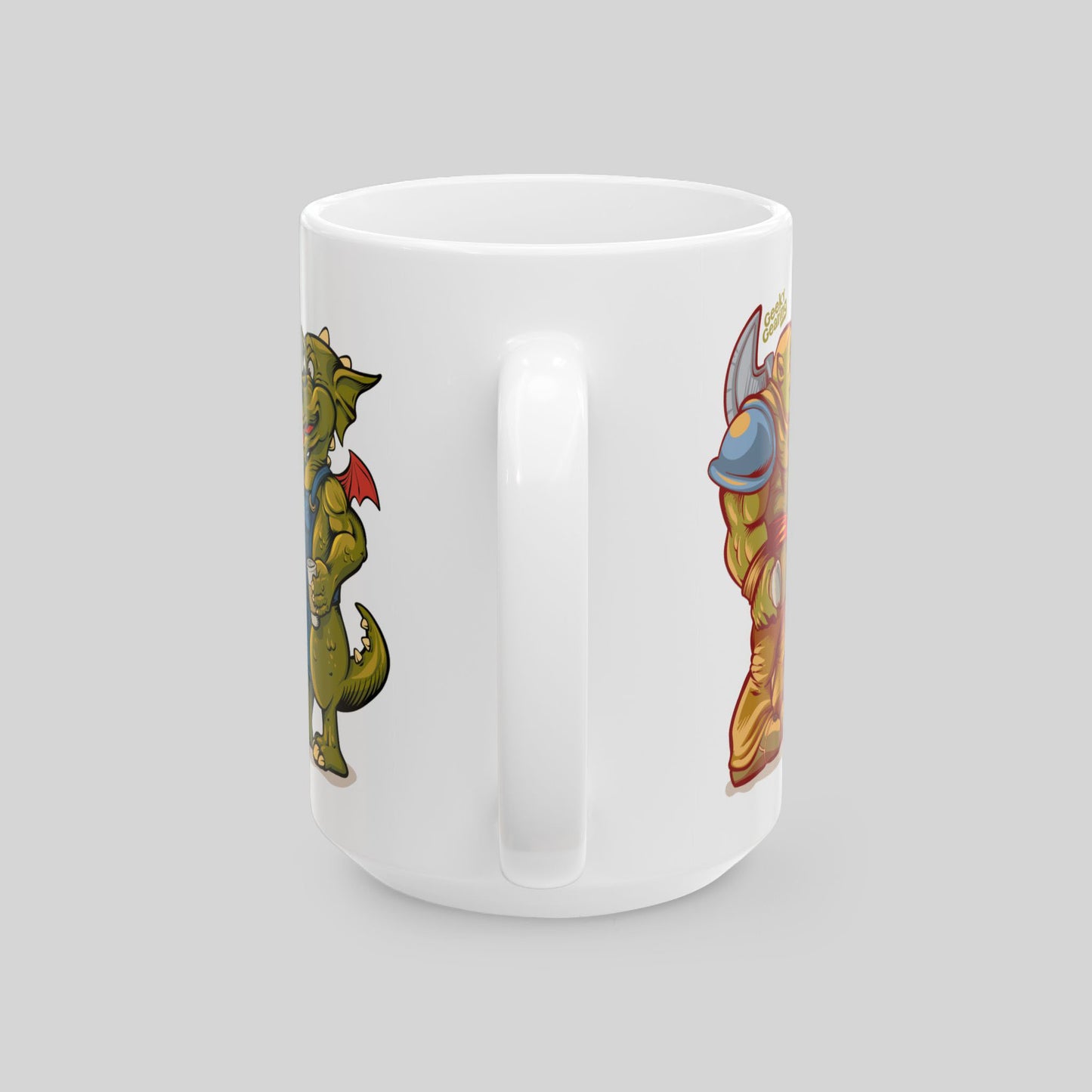 White mug with cartoon character designs on a light gray background
