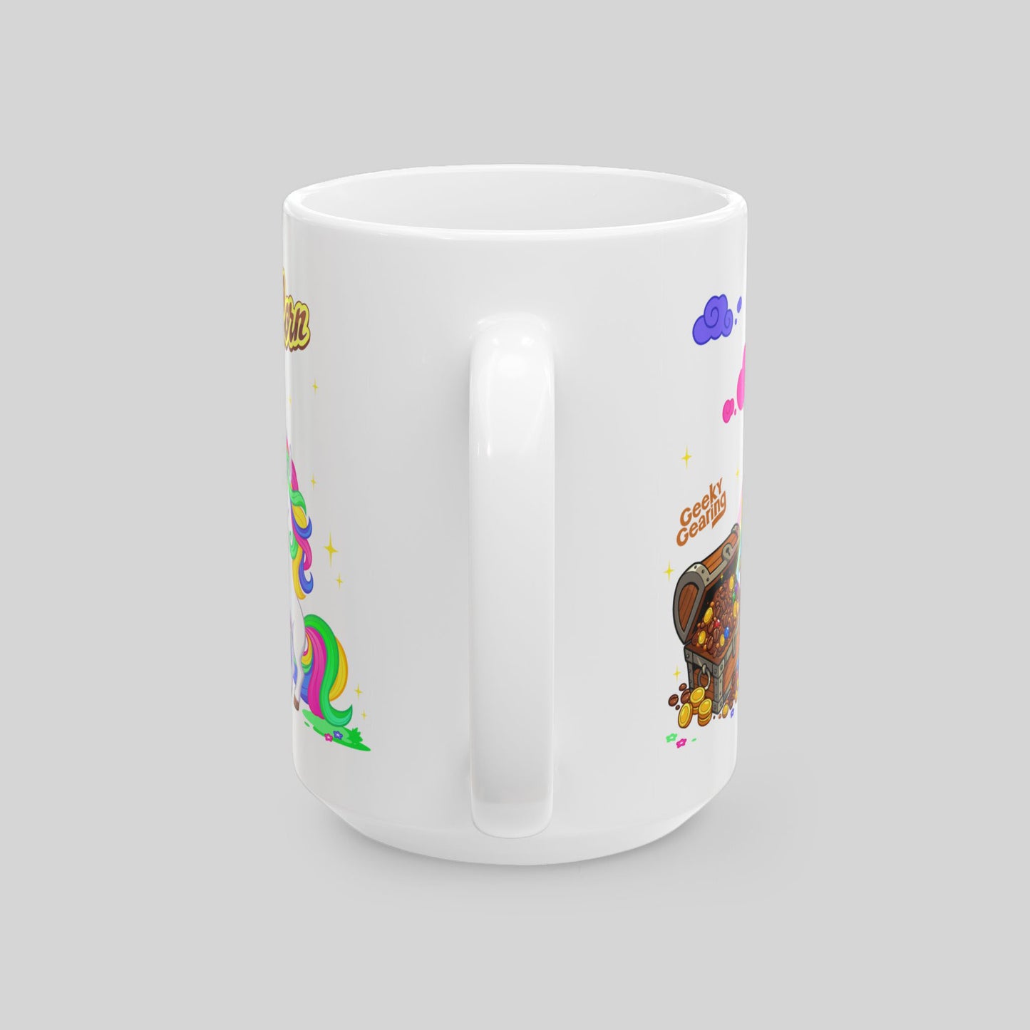 White mug with colorful designs on a light gray background
