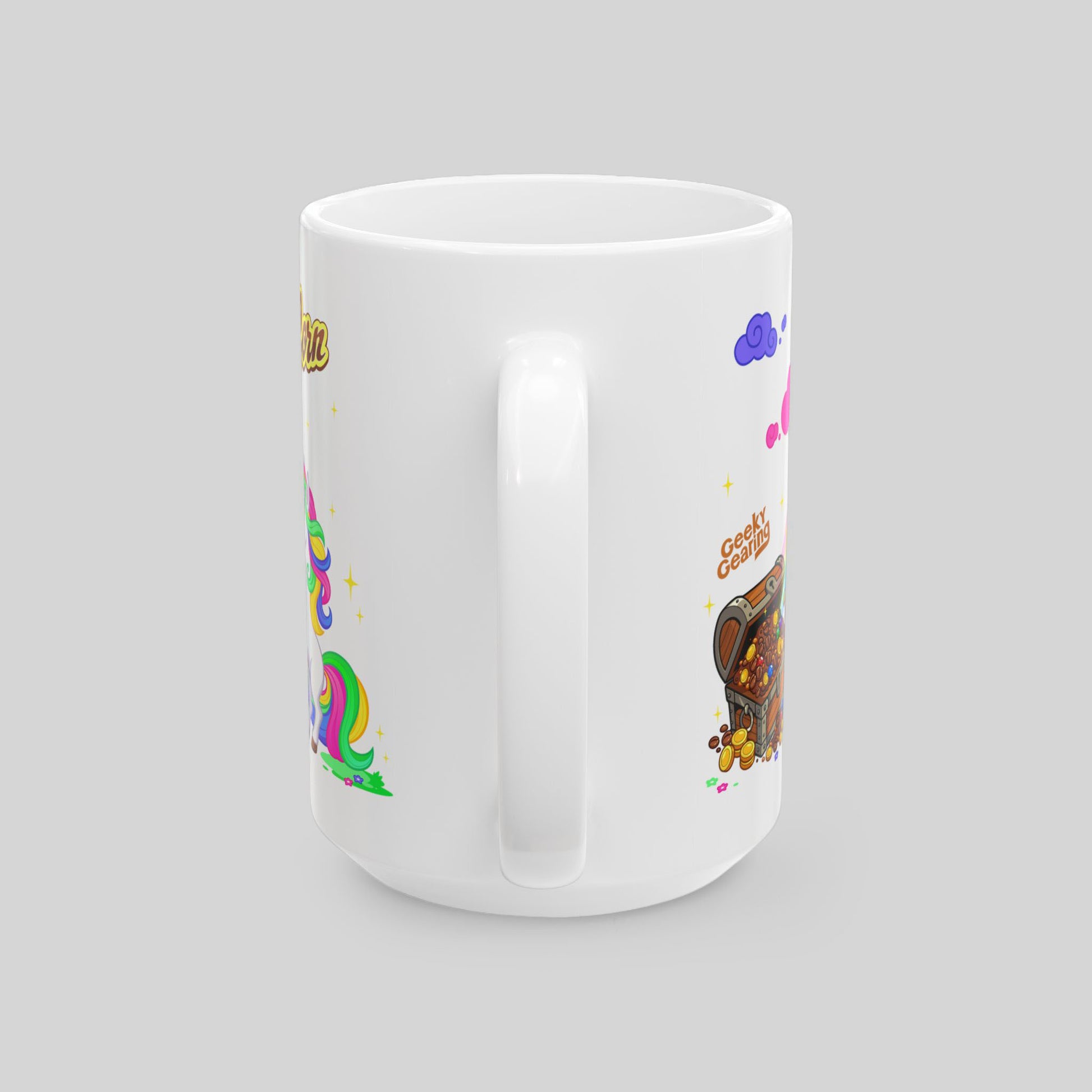 White mug with colorful designs on a light gray background