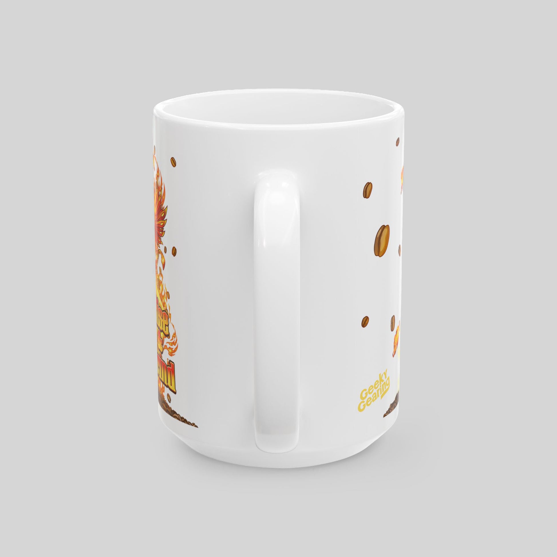 White mug with decorative elements on a gray background