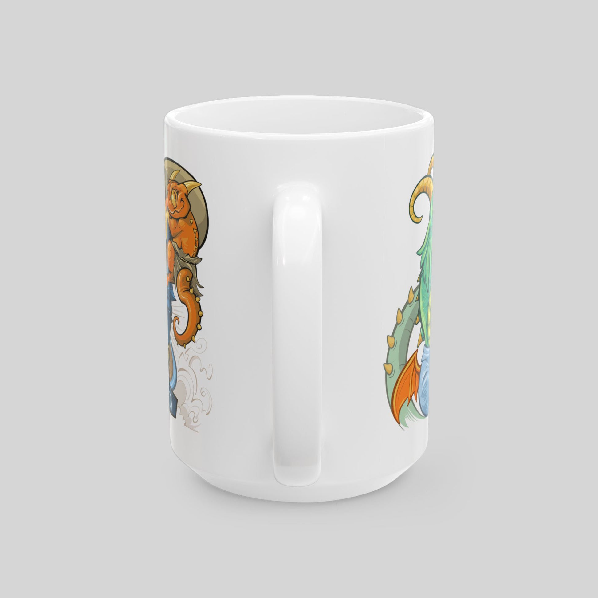 White mug with colorful dragon design on a light gray background