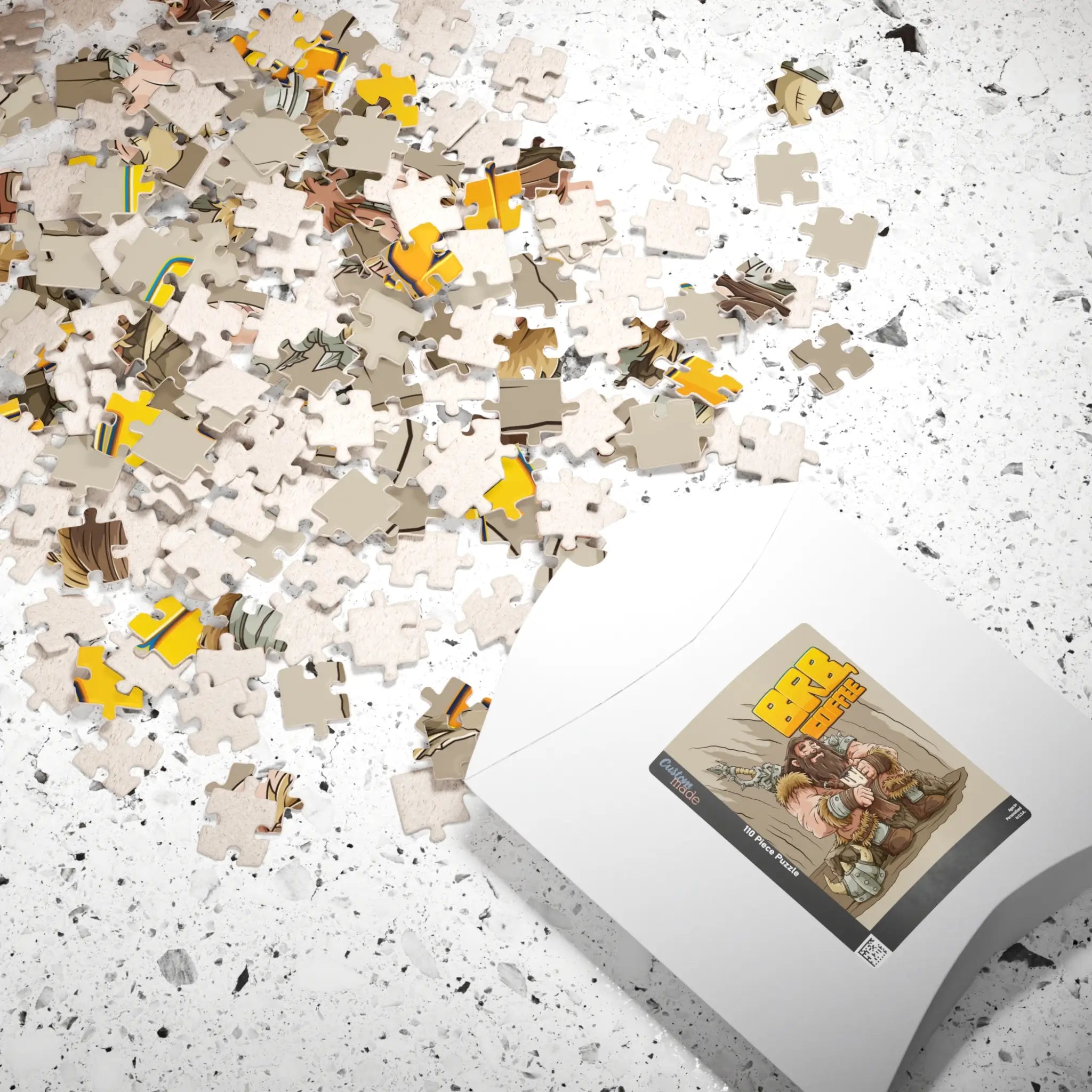Barbarian’s Coffee Break 110-piece travel puzzle, pillow pack pouch showing finished artwork with pieces scattered on table