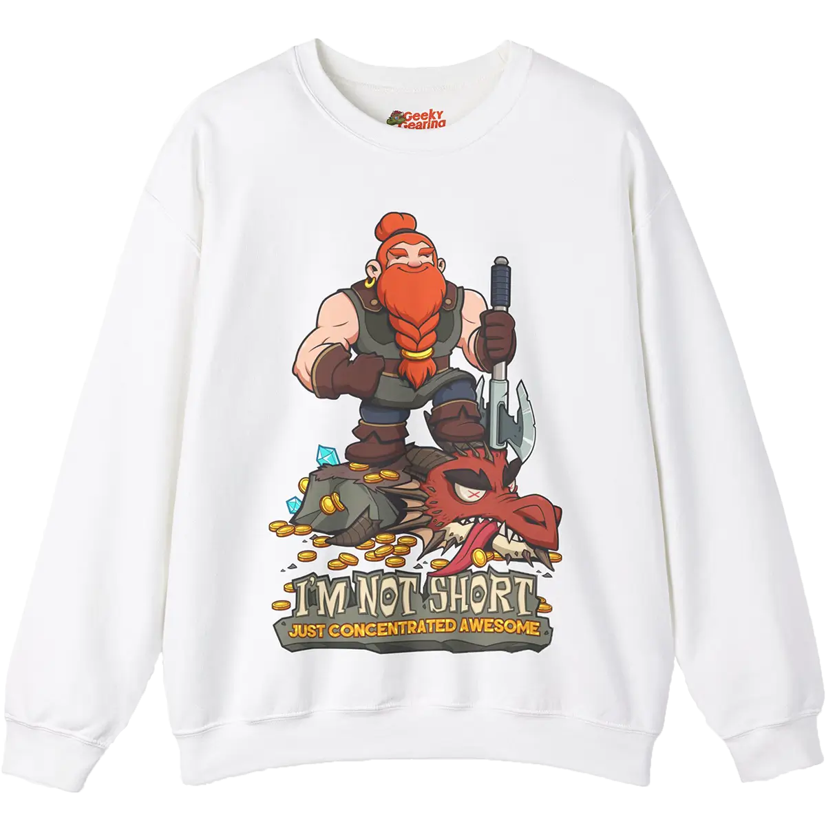 Sweatshirt with a cartoon graphic of a dwarf with a foot on a dragons head