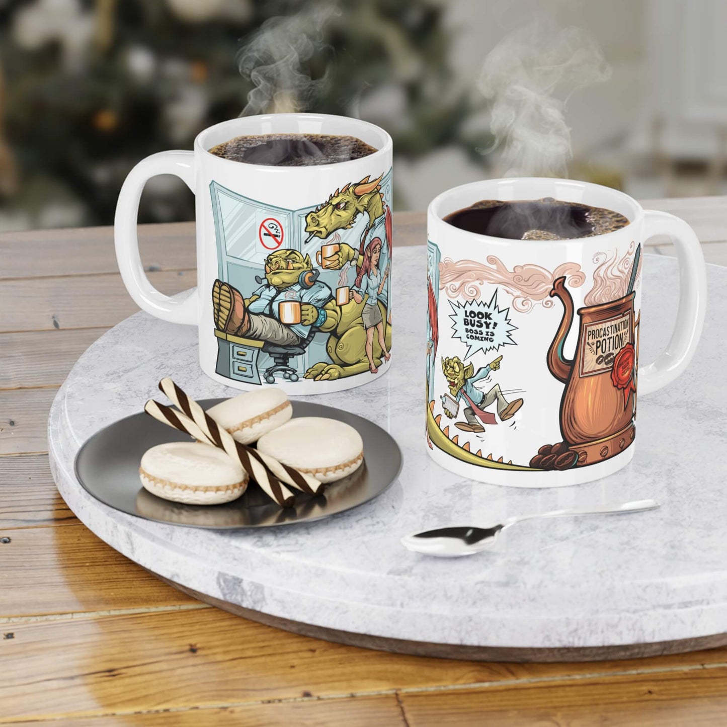 Two 11oz Procrastination Potion mugs on marble tray. Shows orc with feet on desk and panicked goblin with coffee pot.