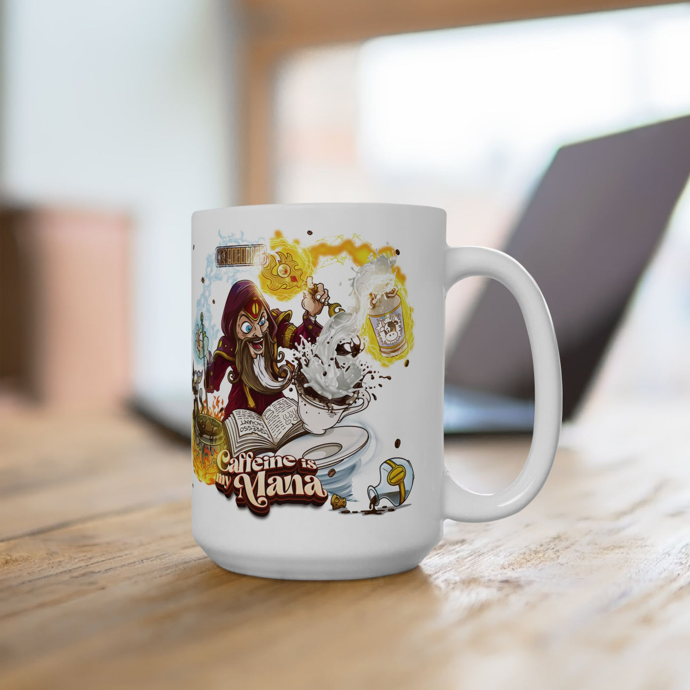 A ceramic mug with a cartoon wizard brewing coffee in a cauldron, on a wooden table