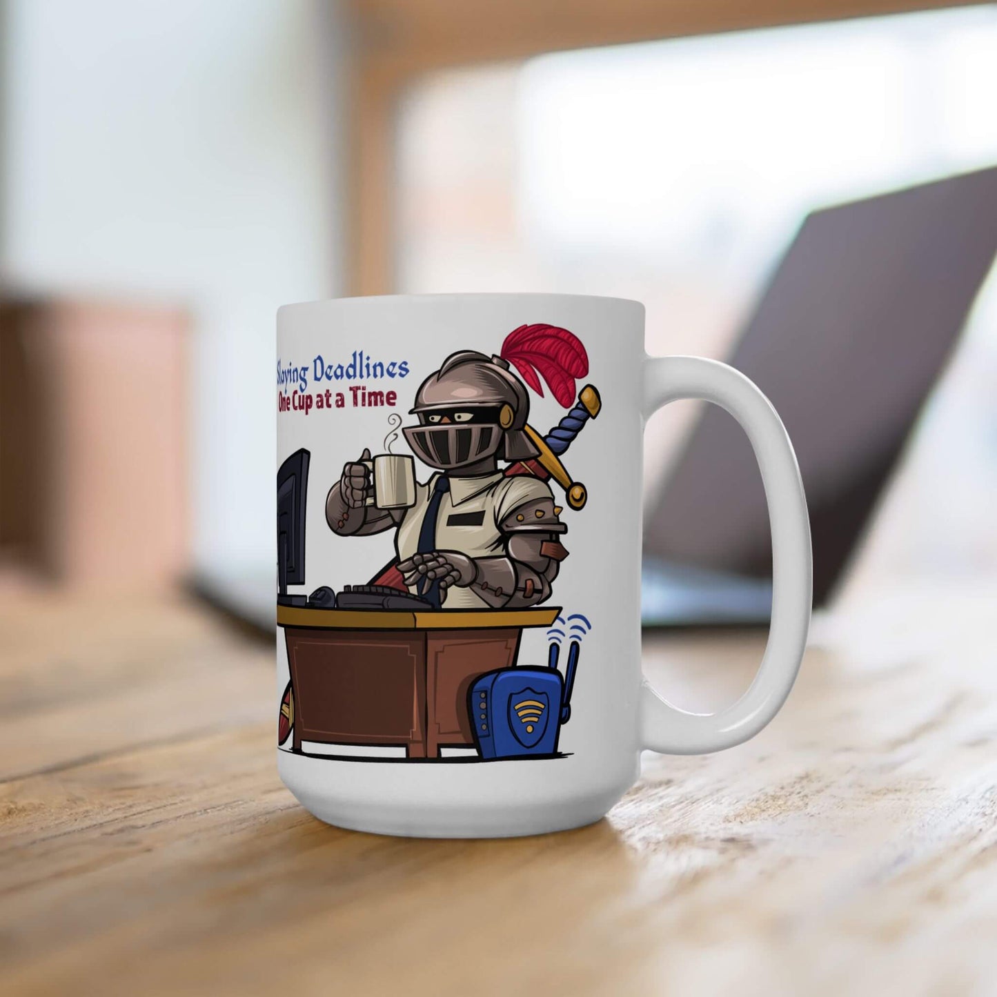 Mug with a knight in armor holding a coffee cup design and text on a wooden surface