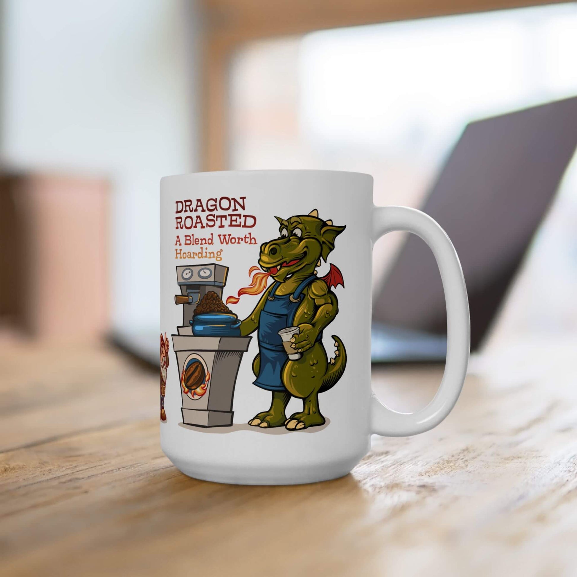 White mug with a dragon roasting coffee design on a wooden surface.