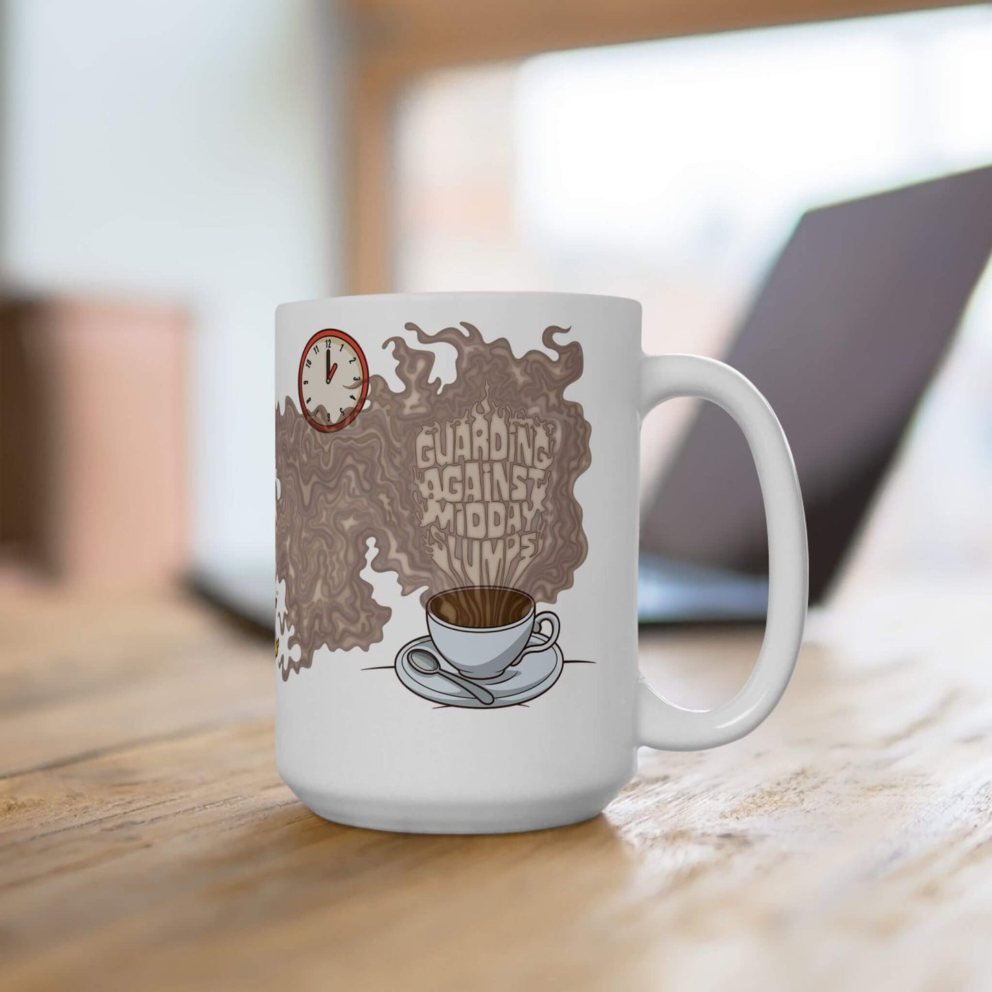 White mug with coffee-themed design on a wooden surface