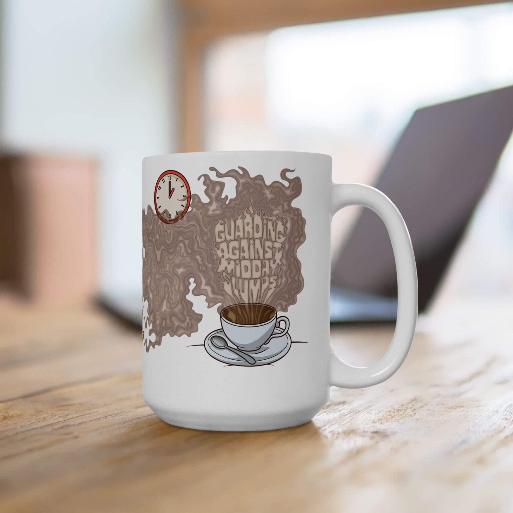 White mug with coffee-themed design on a wooden surface