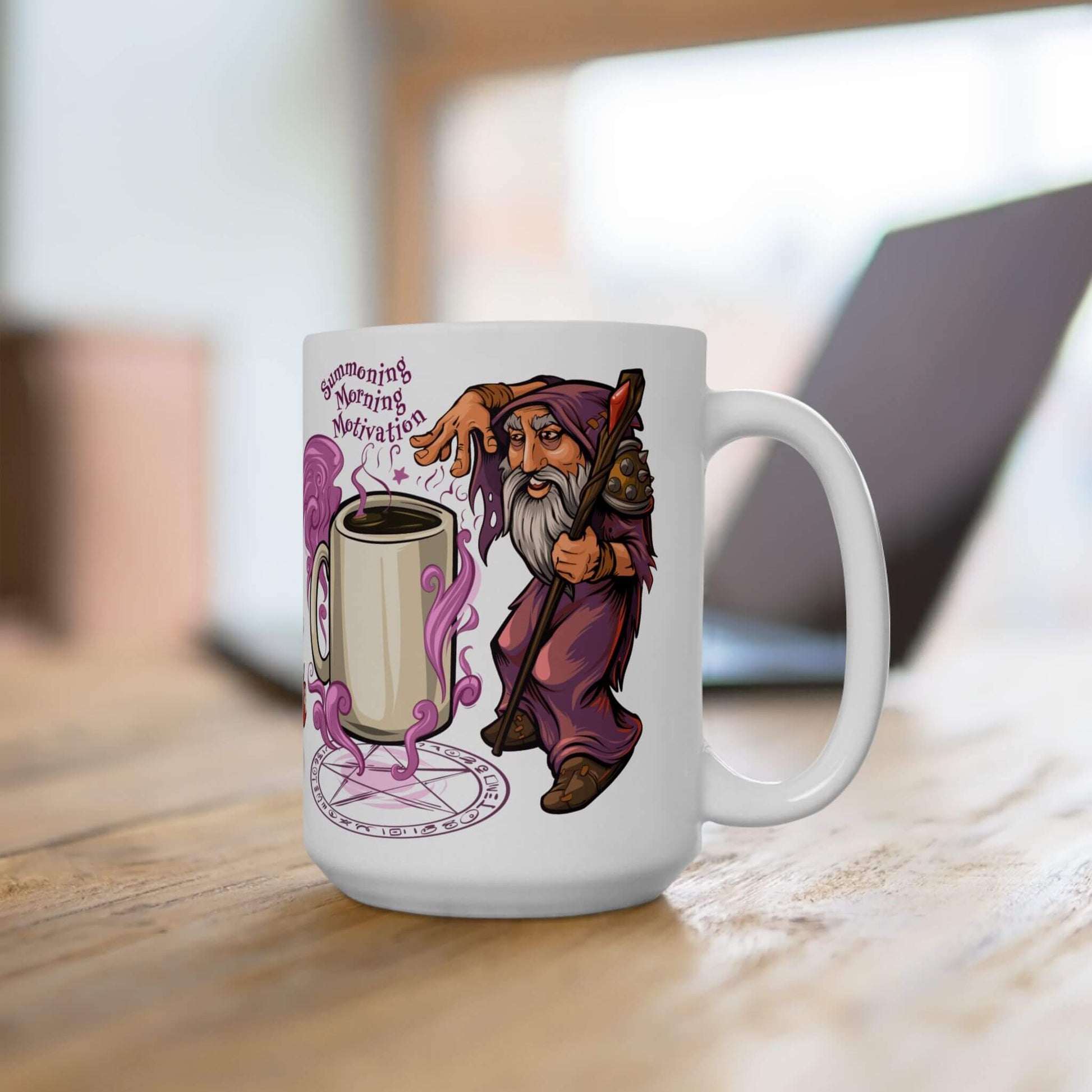 Mug with a wizard design holding a coffee cup on a wooden surface