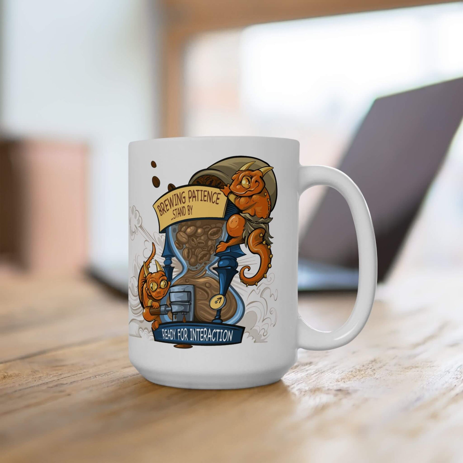 White mug with a cartoon design of two kobolds sitting on a magical hourglass, on a wooden surface.