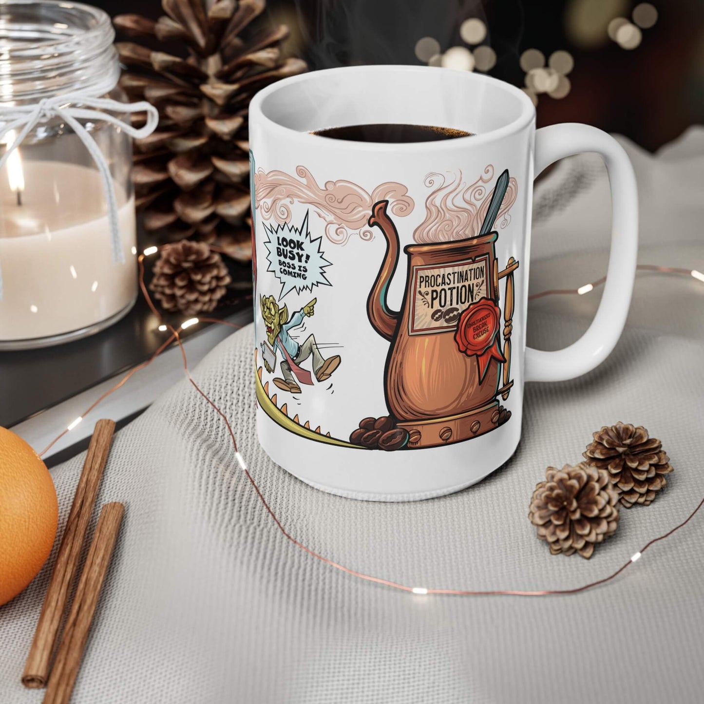 15oz Procrastination Potion mug in cozy winter setting with pinecones. Shows coffee pot and panicked goblin.