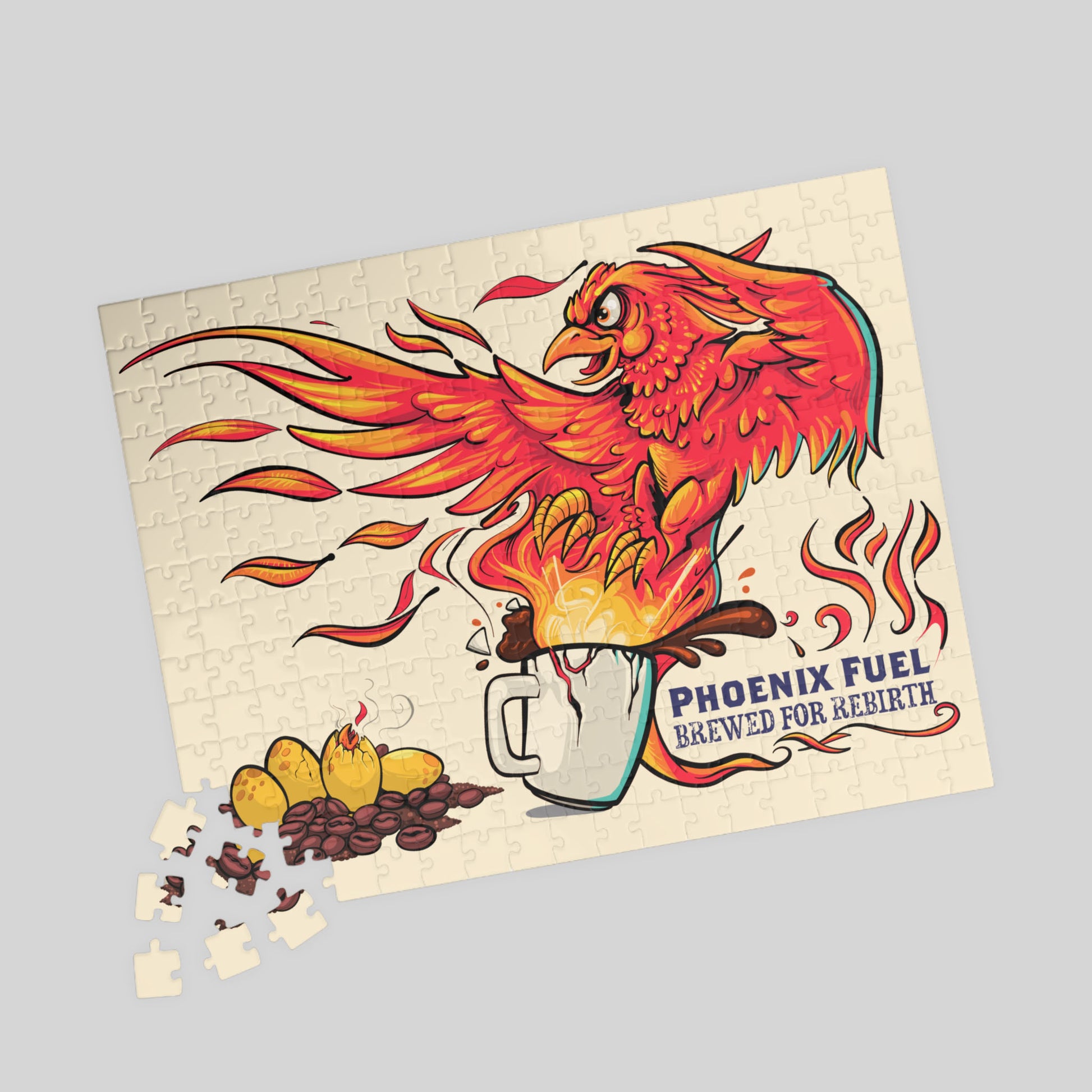 Jigsaw puzzle with a phoenix design on a light gray background