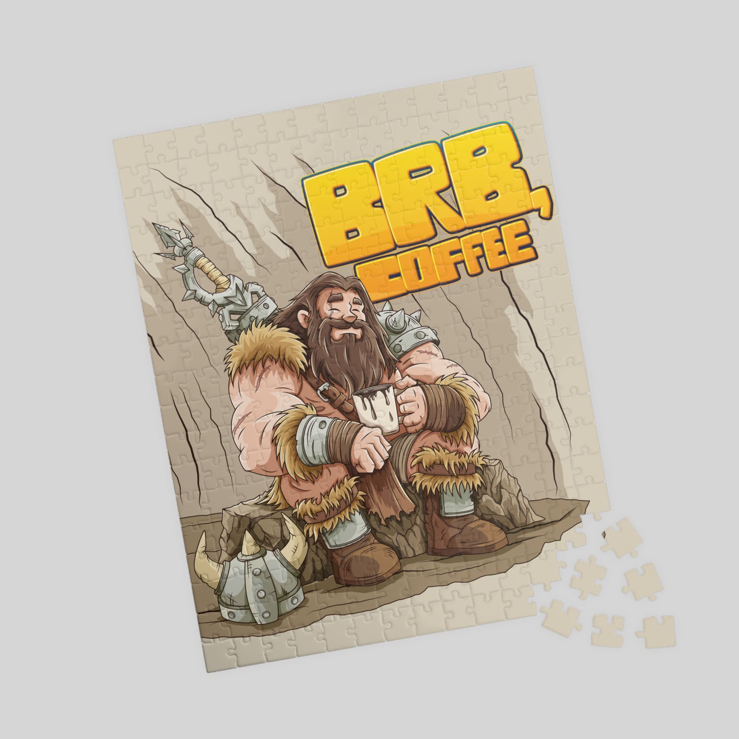 Jigsaw puzzle with a barbarian warrior holding a coffee cup and 'BRB Coffee' text on a beige background.