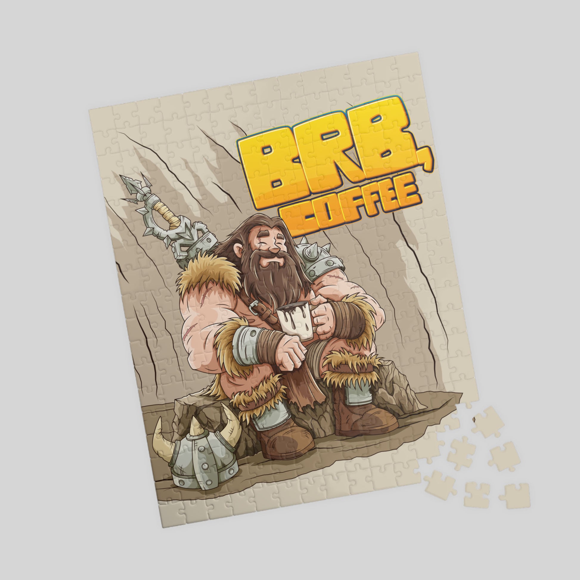 Jigsaw puzzle with a barbarian warrior holding a coffee cup and 'BRB Coffee' text on a beige background.