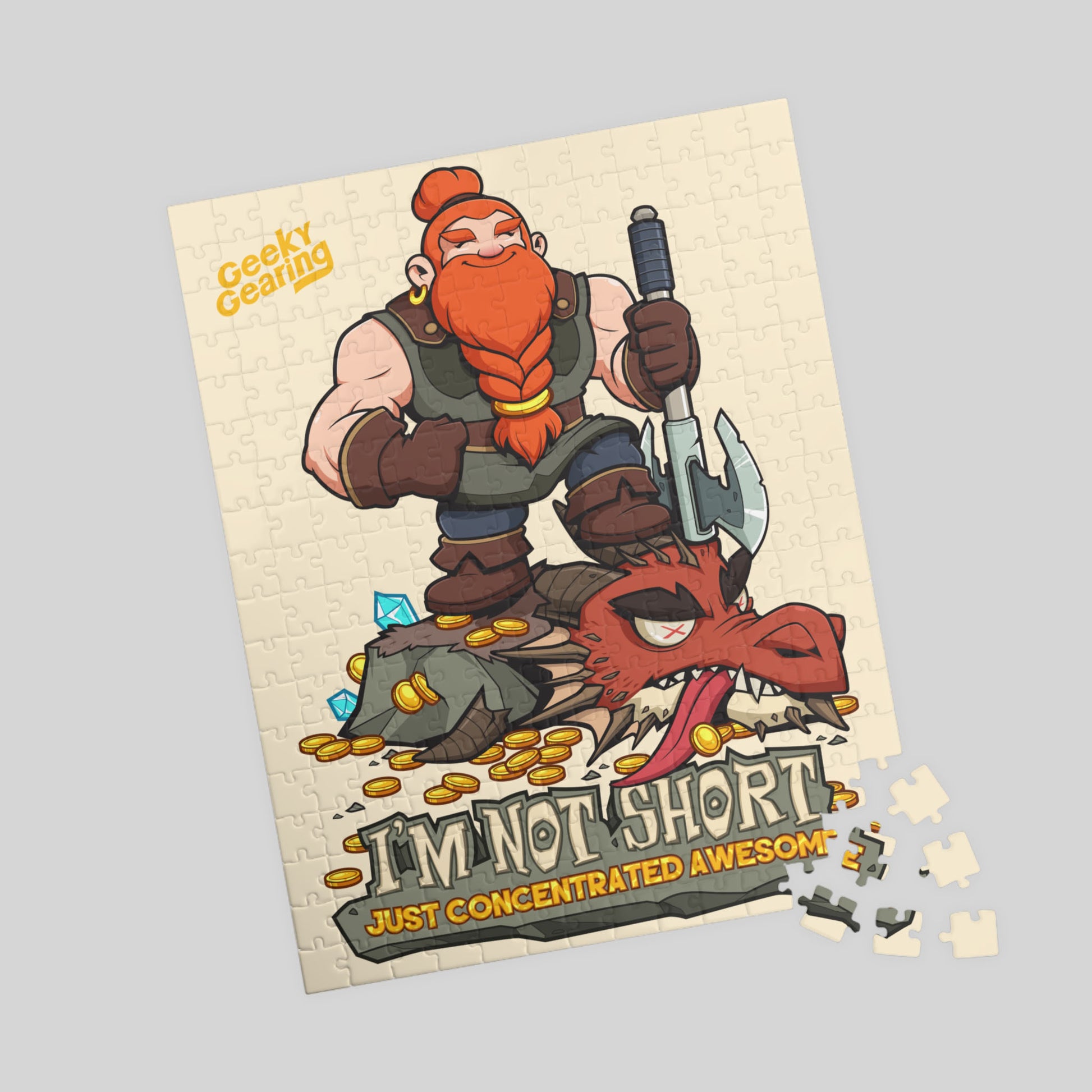 Jigsaw puzzle with a cartoon character and text on a light gray background