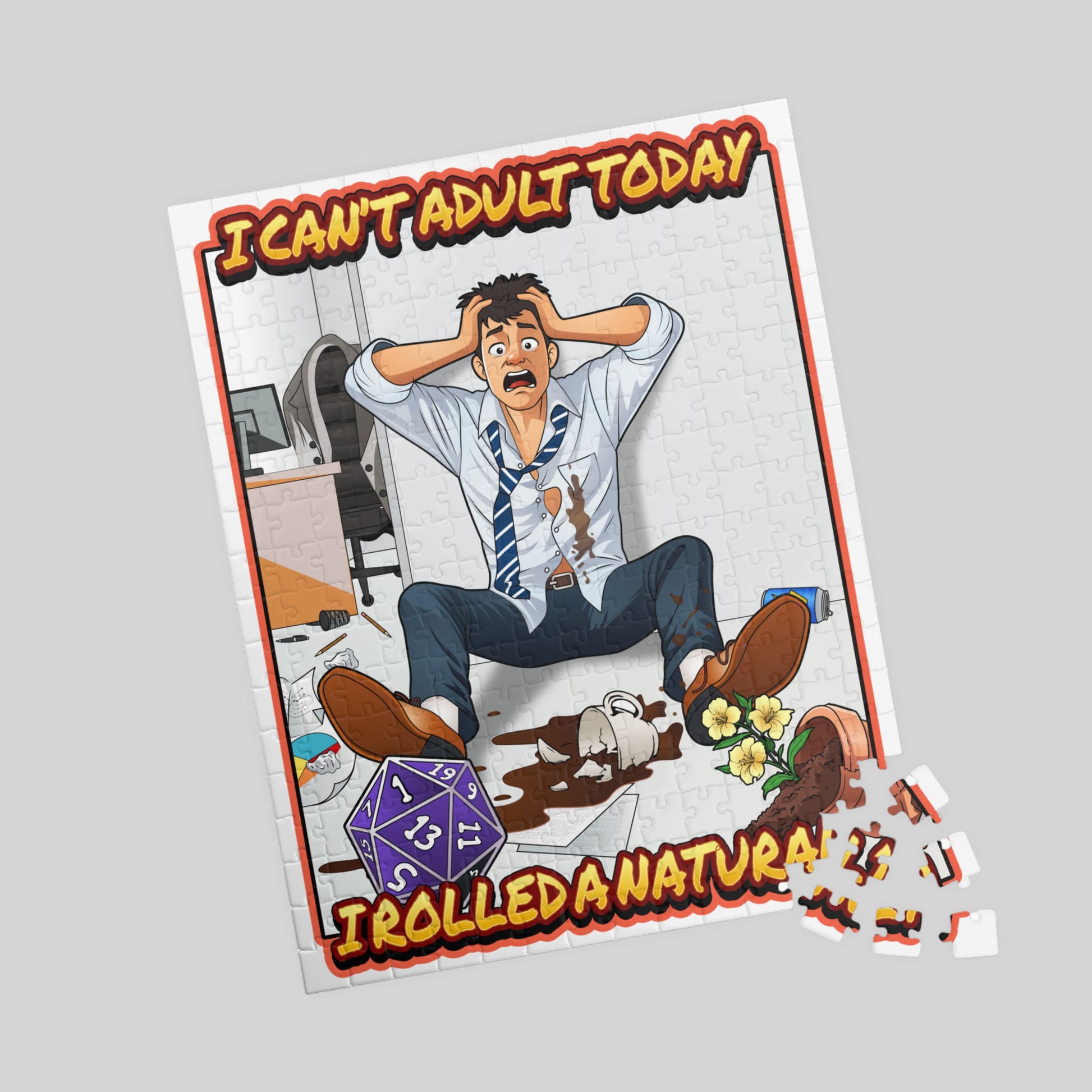 Cartoon character card with text 'I Can't Adult Today' and 'I rolled a Natura 1' on a gray background