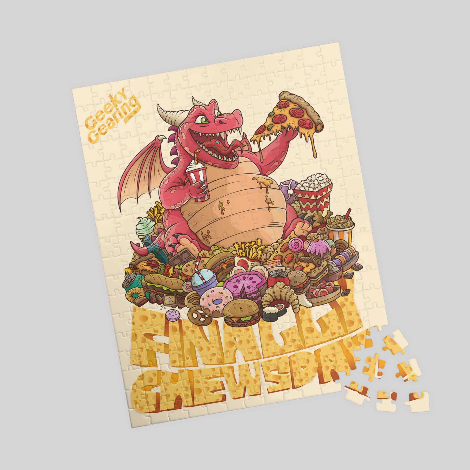 Jigsaw puzzle with a dragon and food items on a light gray background